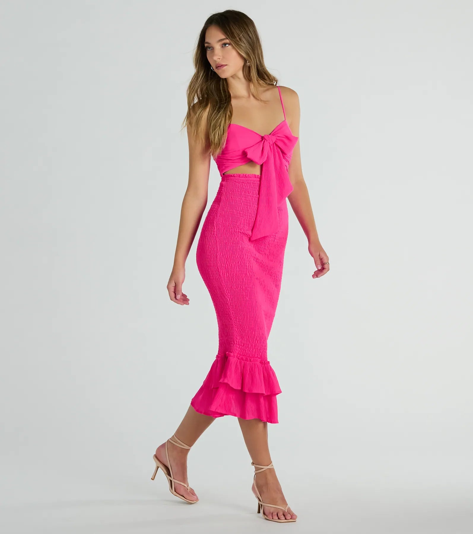 Ultimate Bold Babe Chiffon Midi Dress with Cutout & Ruffles