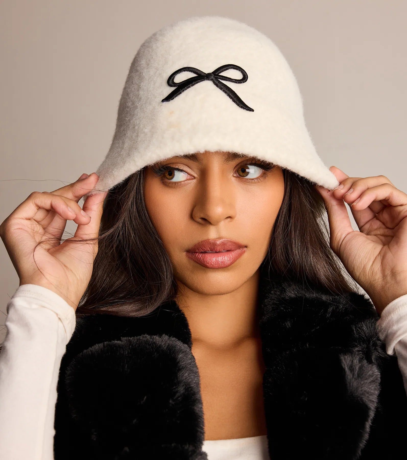 Premium Cozy Faux Wool Bucket Hat with Bow Detail