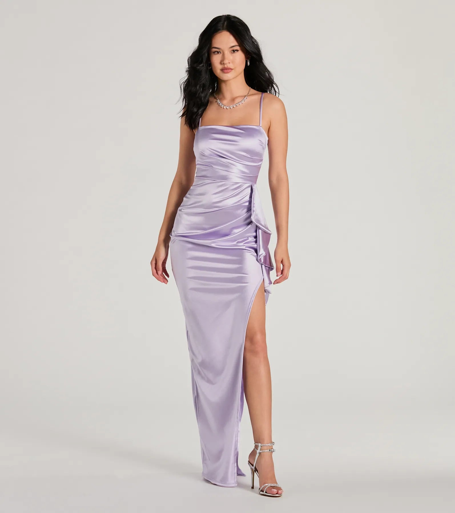 Premium Melissa Satin Formal Dress with Ruffle Detail