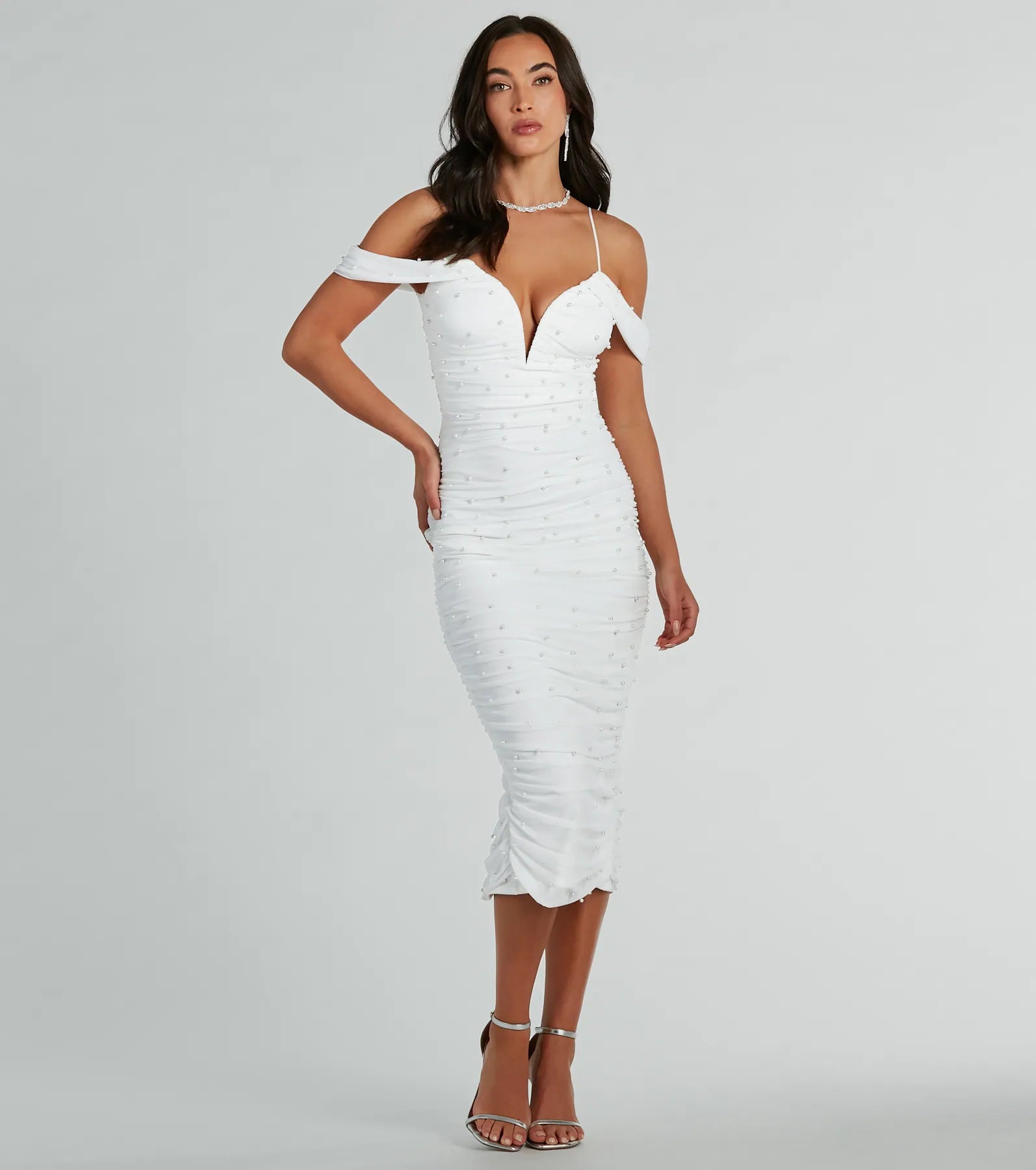 Premium Anika Cold-Shoulder Pearl Mesh Midi Dress for Elegant Evenings