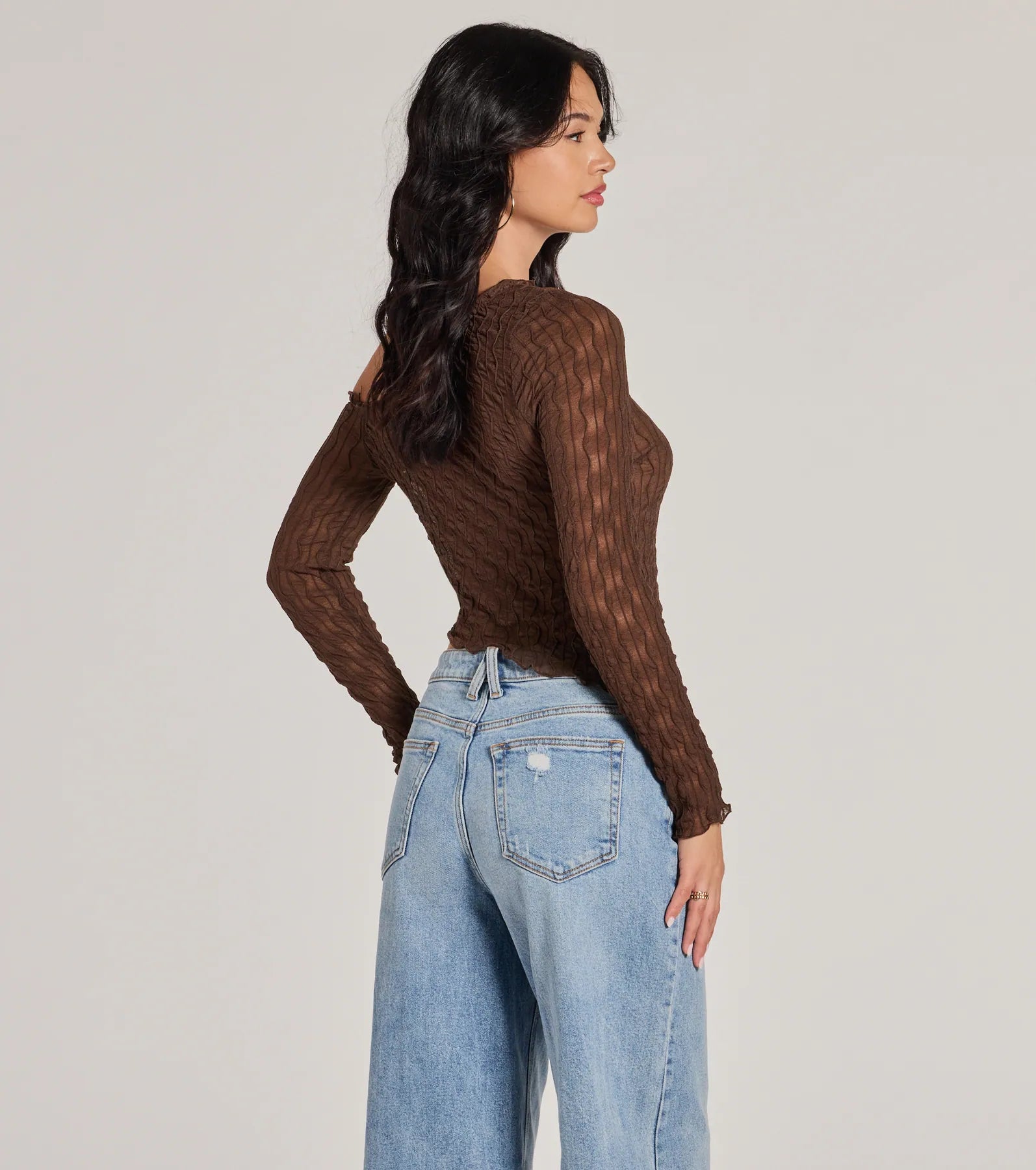 Ultimate Trend Allure Sheer Crop Top - Asymmetrical Long Sleeve