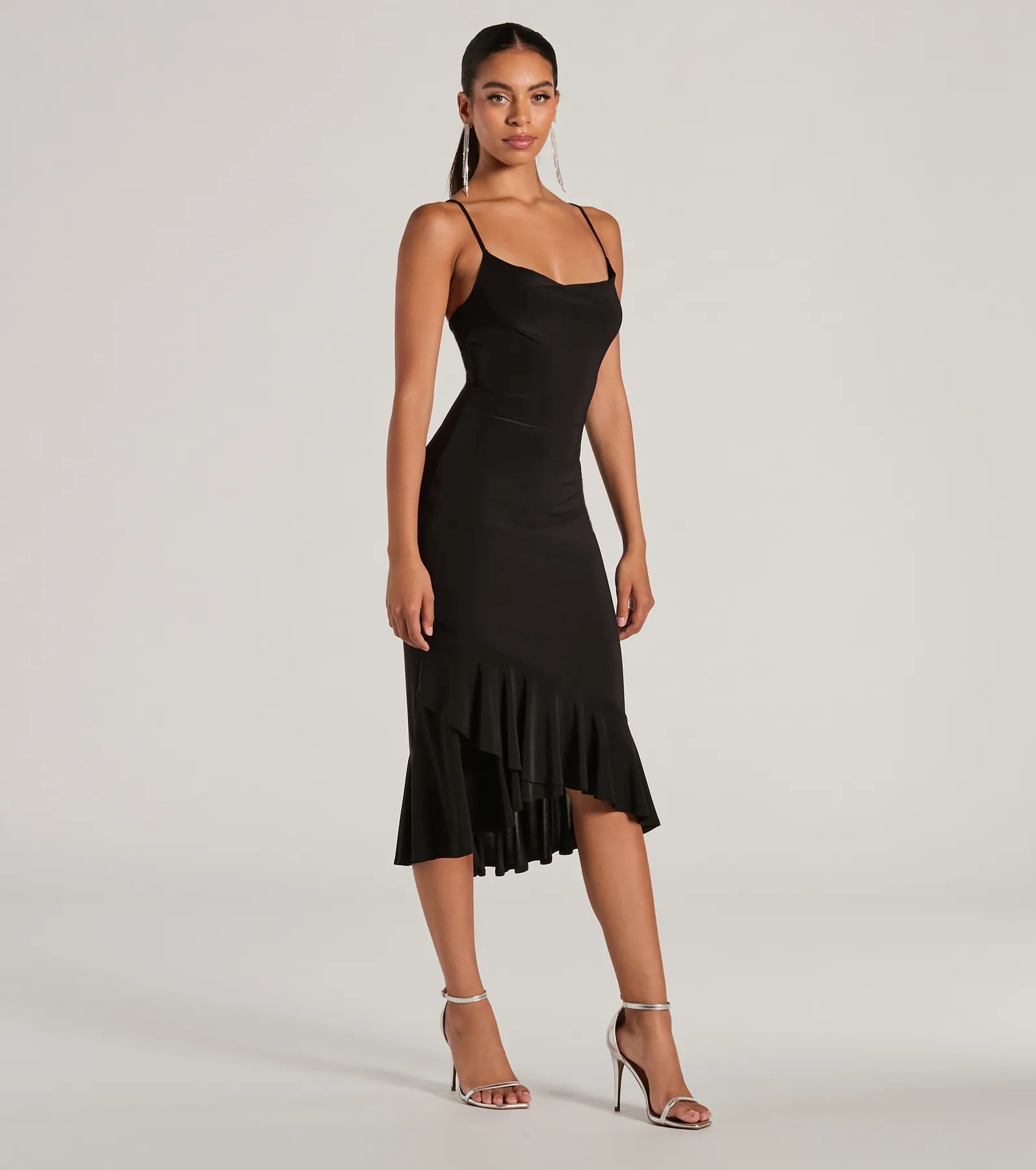 Ultimate Statement Cowl Neck Bodycon Ruffle Midi Dress