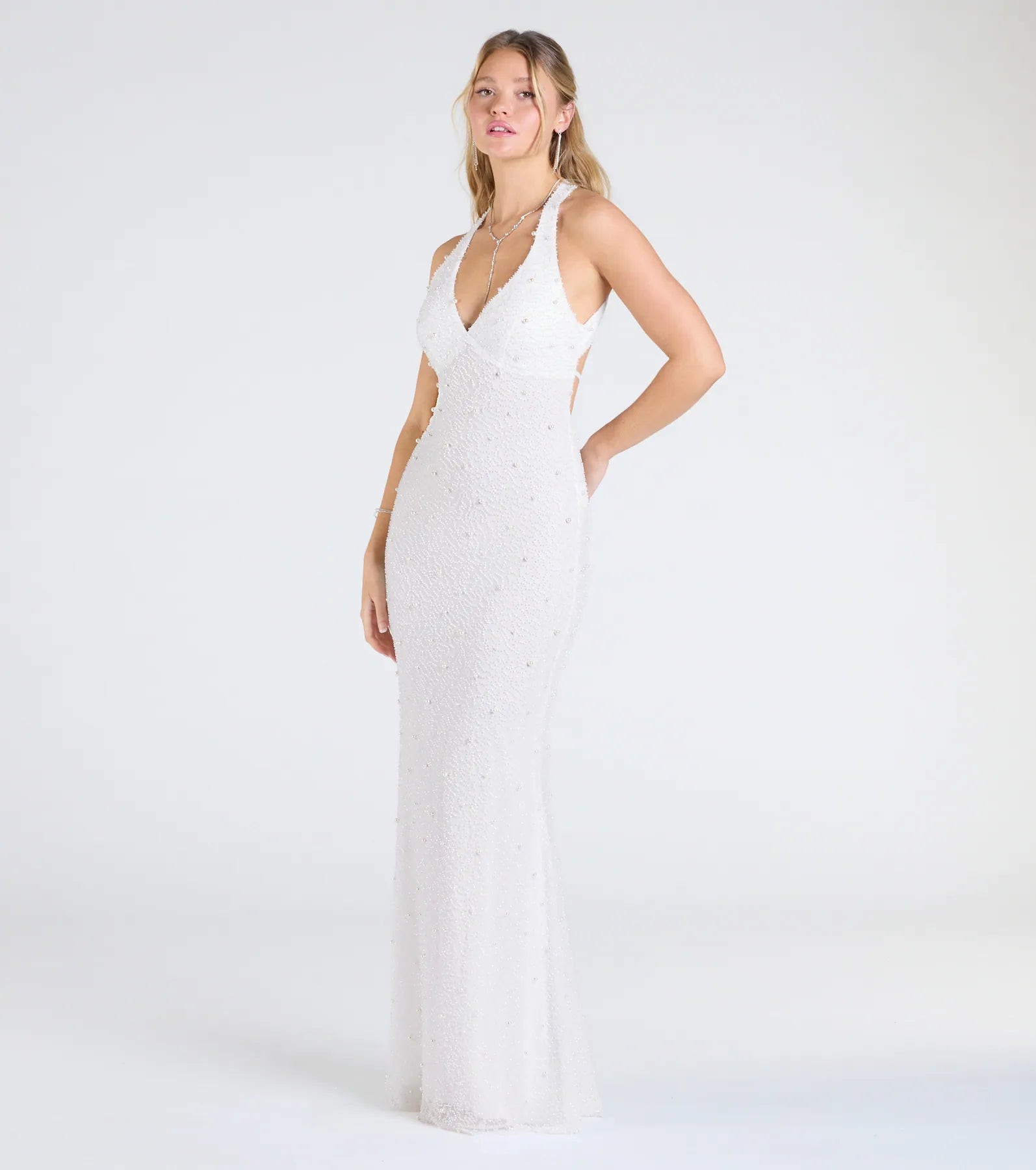 Premium Tyra Halter Open Back Pearl Mermaid Gown - Ultimate Formal Elegance