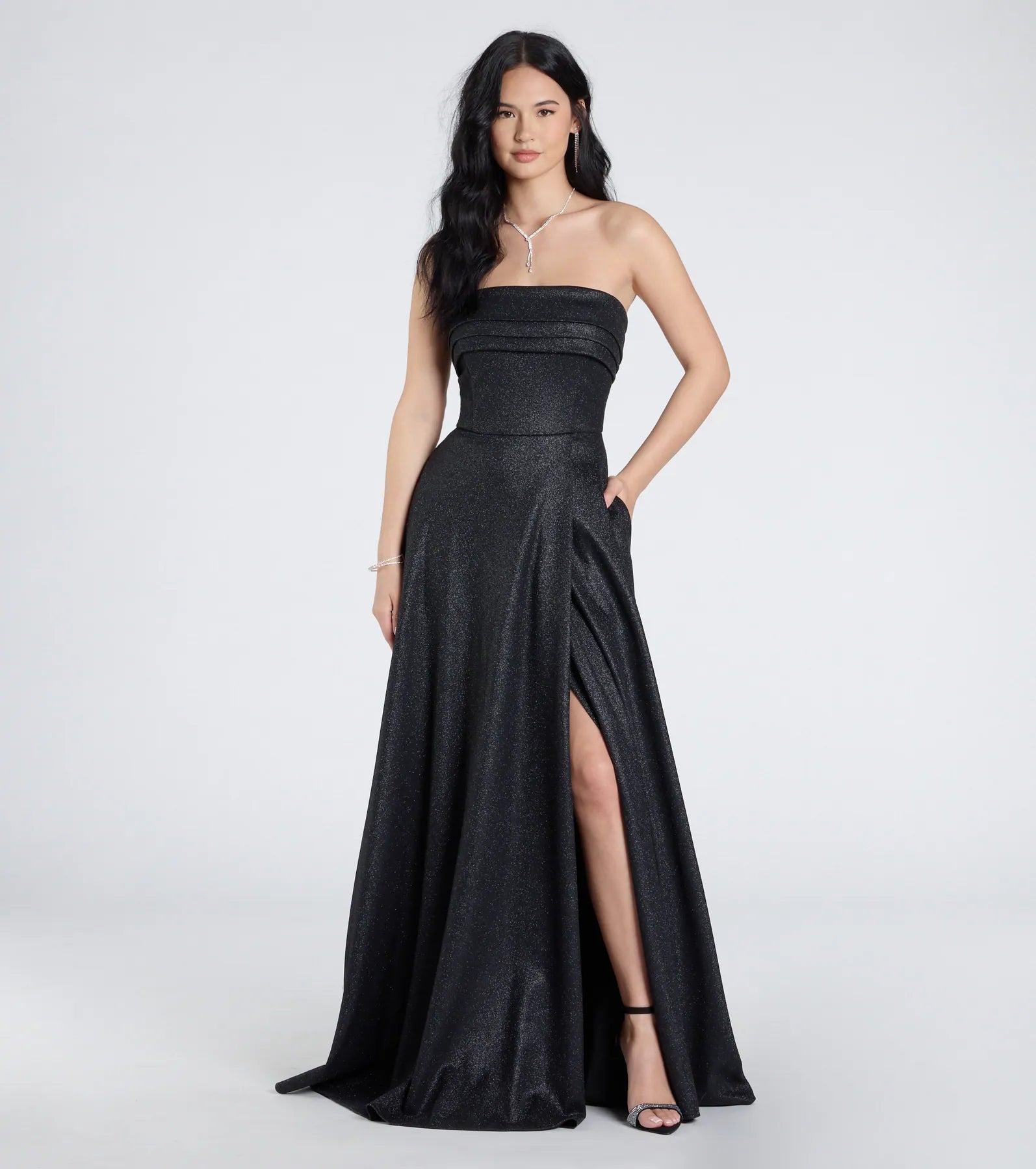 Ultimate Glam Peyton Strapless A-Line Formal Dress with Slit & Pockets