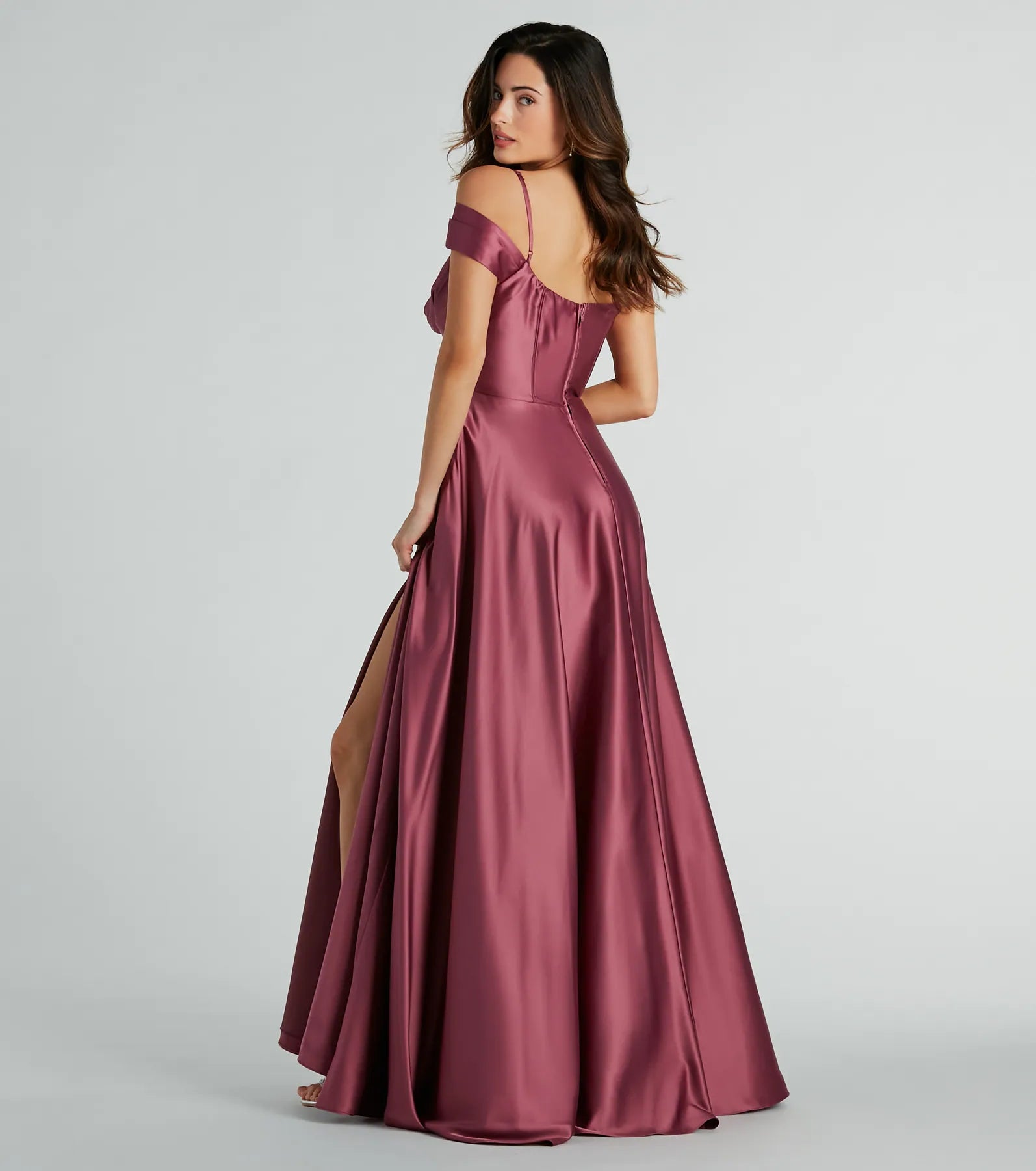 Premium Alira Satin Cold Shoulder A-Line Gown