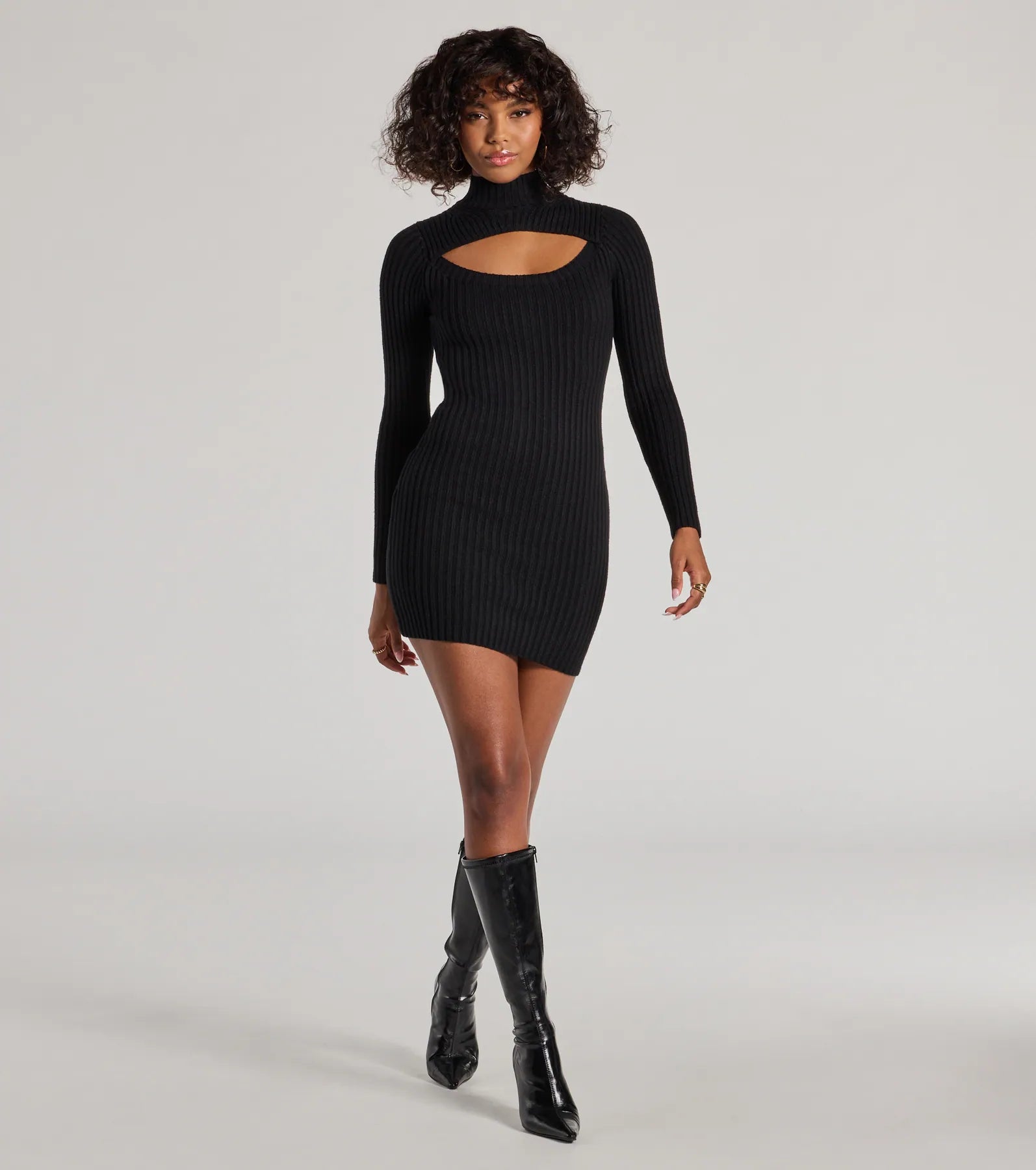 Ultimate Chic Season Mock Neck Cutout Ribbed Knit Mini Dress