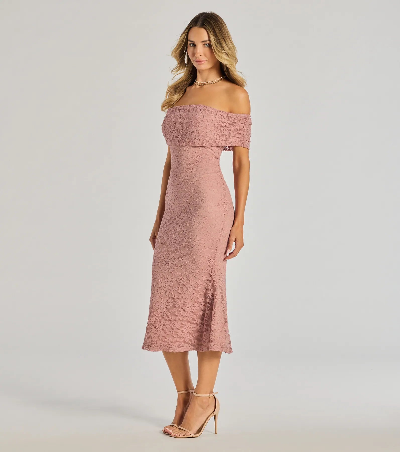 Ultimate Romantic Lace Off-The-Shoulder Midi Dress