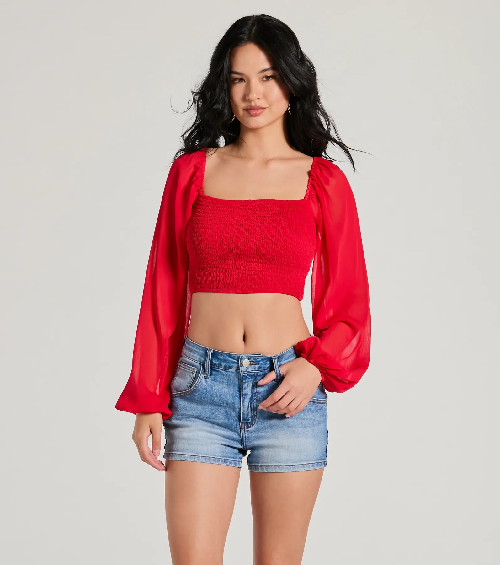 Premium Smocked Chiffon Crop Top - Long Sleeve Sweet Style
