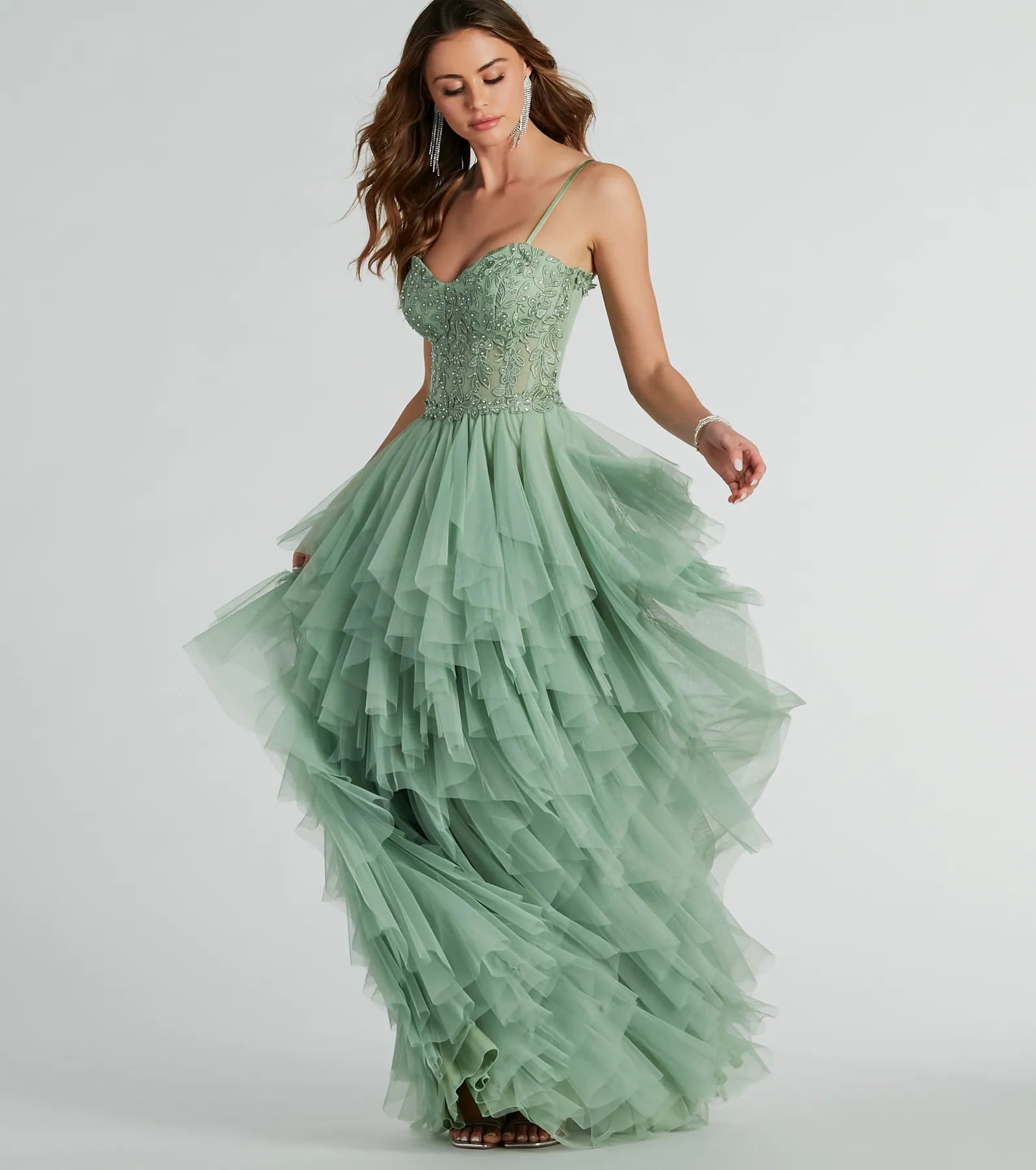 Keyla Premium Floral Applique Tiered Ruffle Tulle Gown - Ultimate Elegance