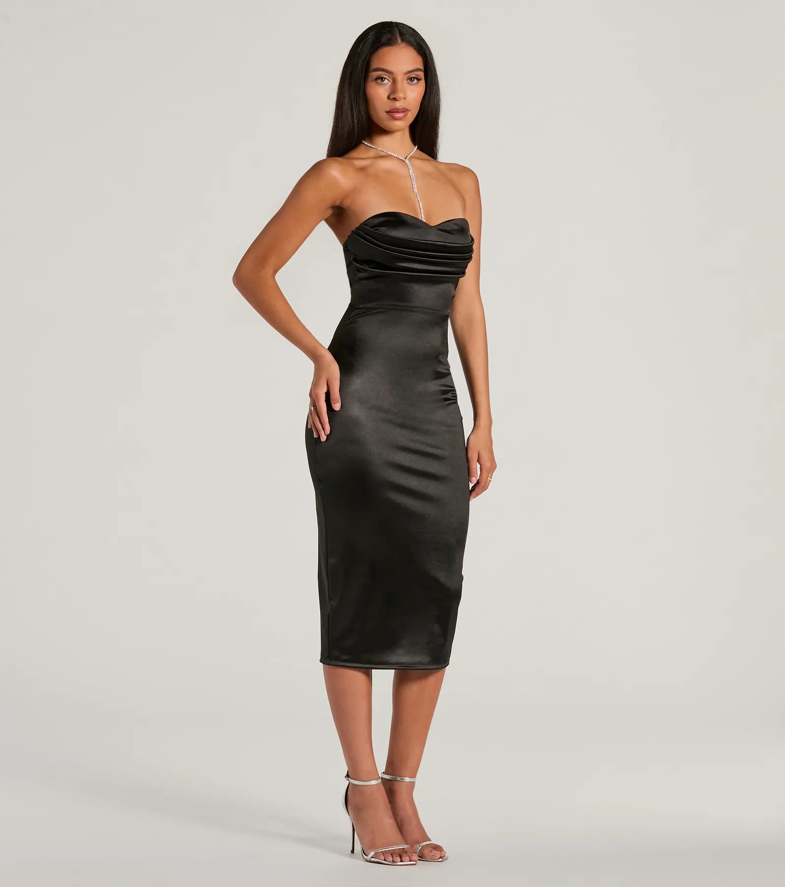 Premium Strapless Satin Midi Dress - Elegant Cocktail Attire