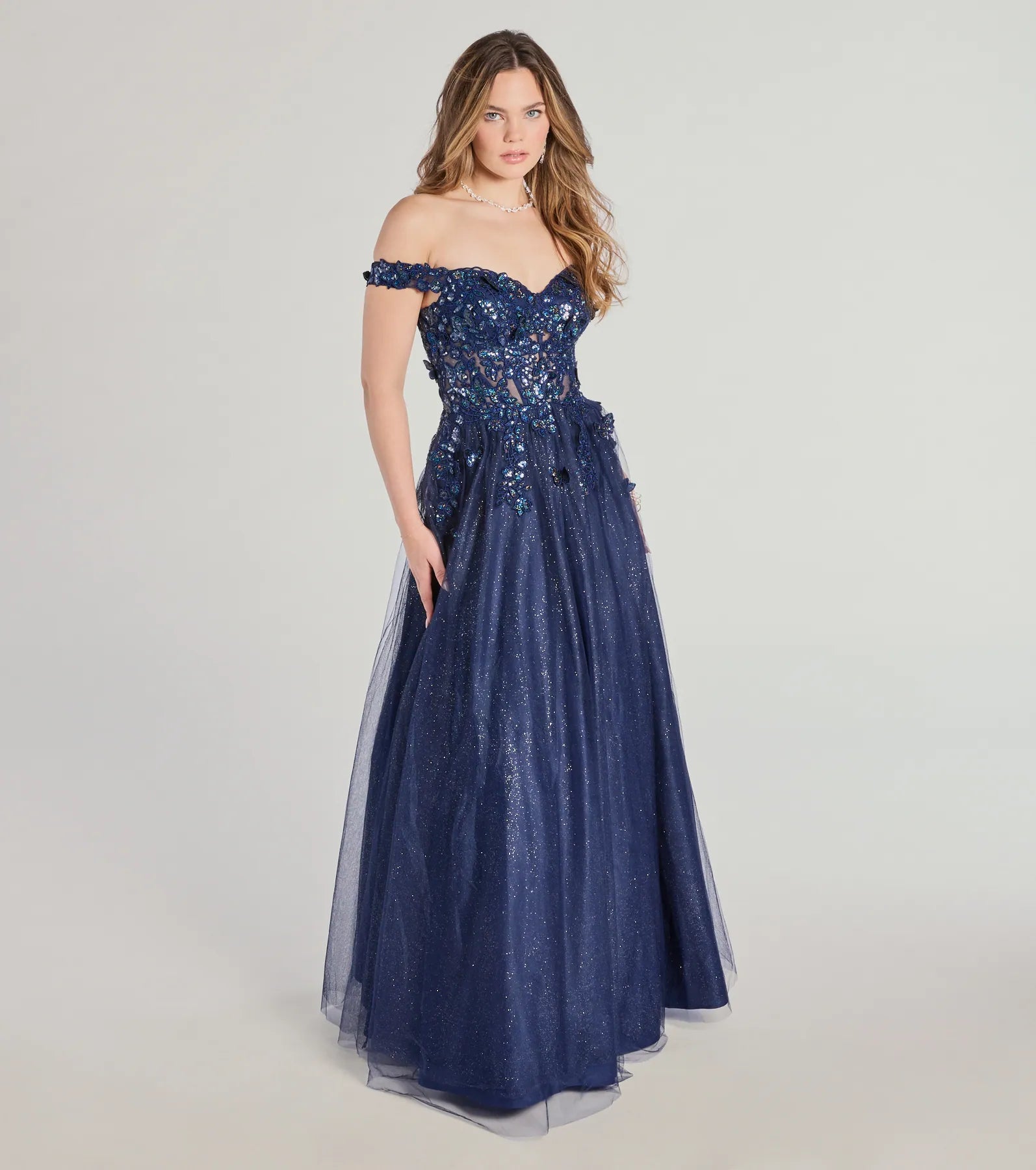 Sofia Ultimate Off-The-Shoulder Glitter Ball Gown with Corset Lace-Up