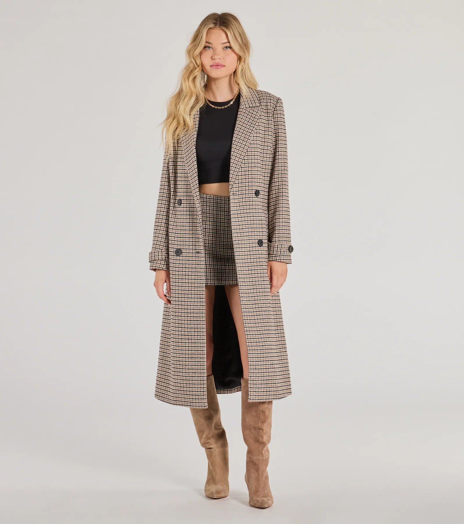 Ultimate Plaid Luxe Long Coat - Faux Wool Elegance