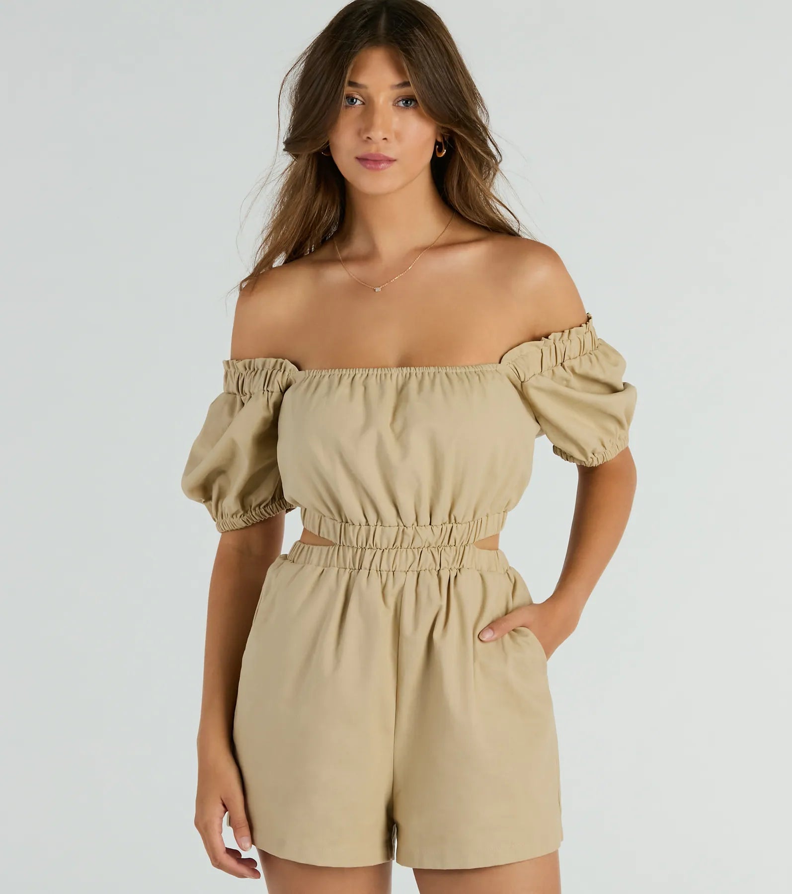 Premium Linen Romper with Puff Sleeves & Cutout Back