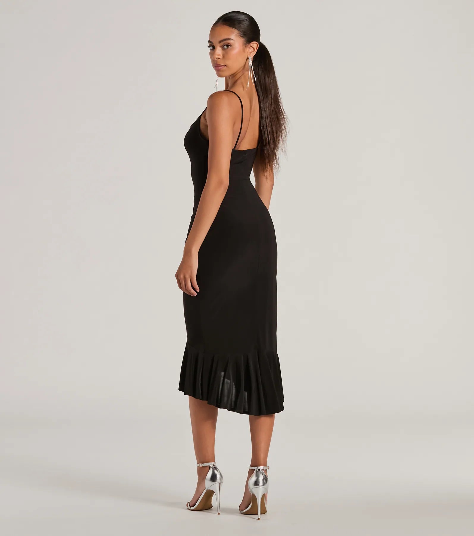 Ultimate Statement Cowl Neck Bodycon Ruffle Midi Dress