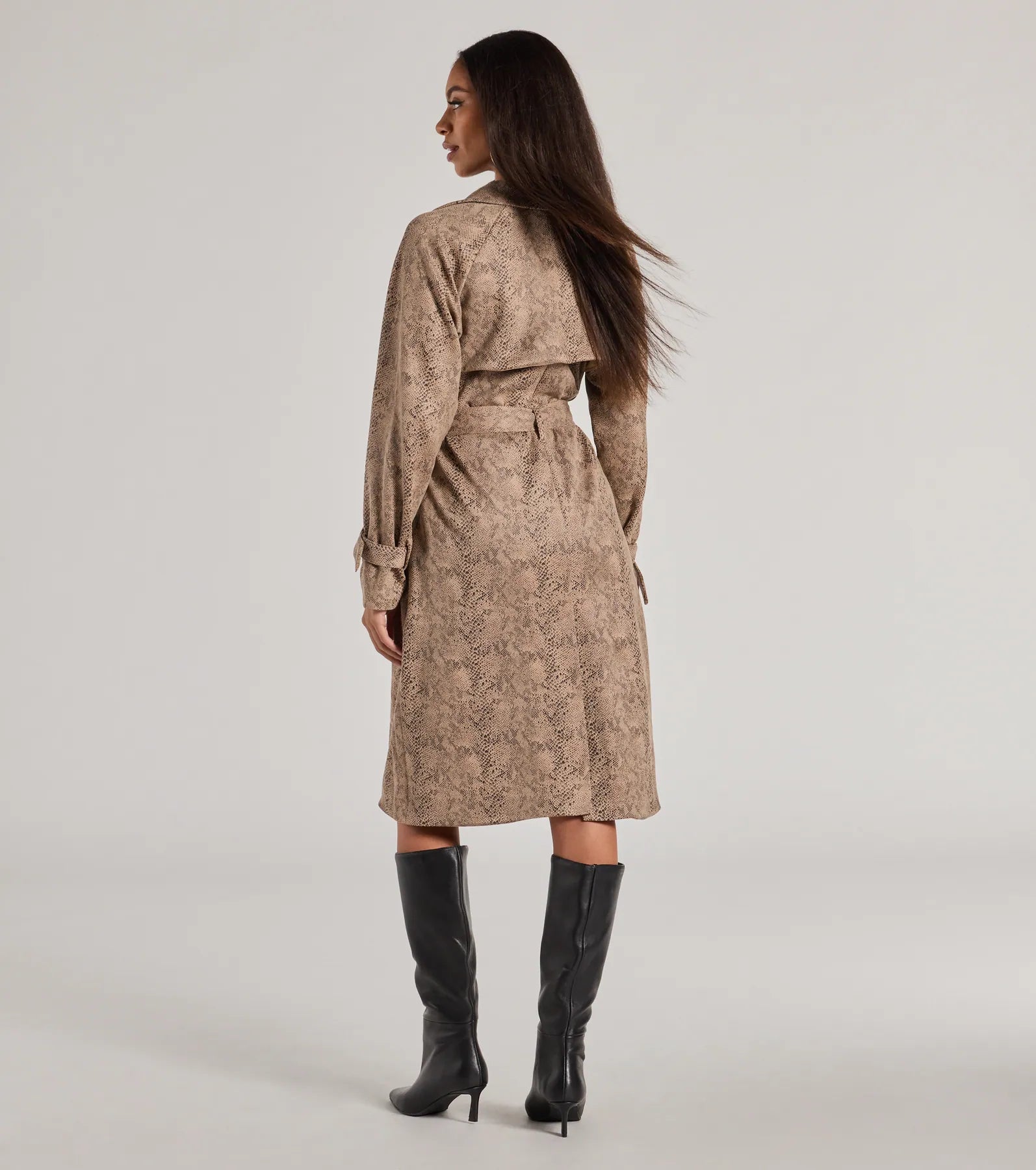 Ultimate Chic Mood Snake Print Faux Suede Trench Coat