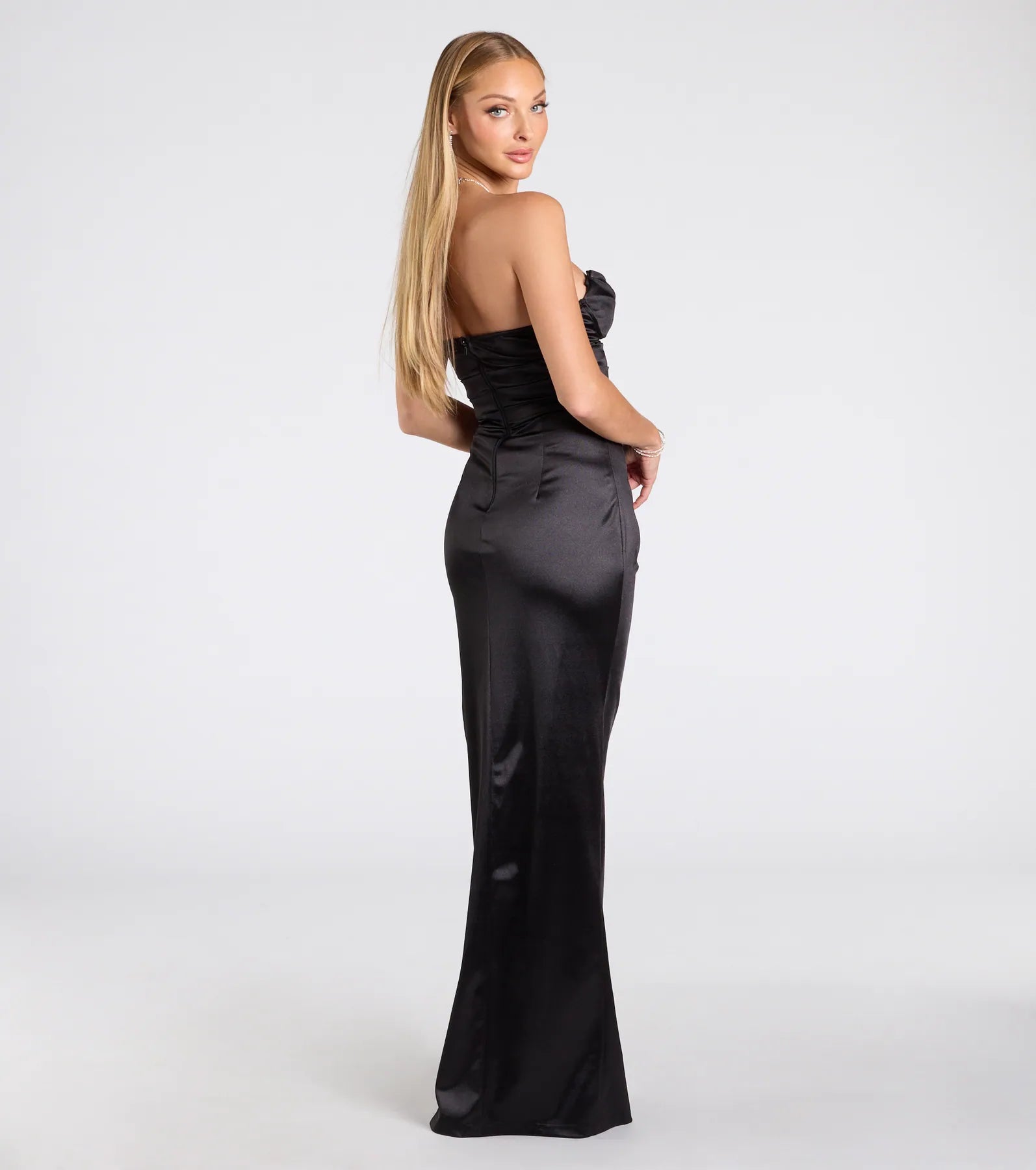 Premium Noel Strapless Sweetheart Satin Gown with High Slit