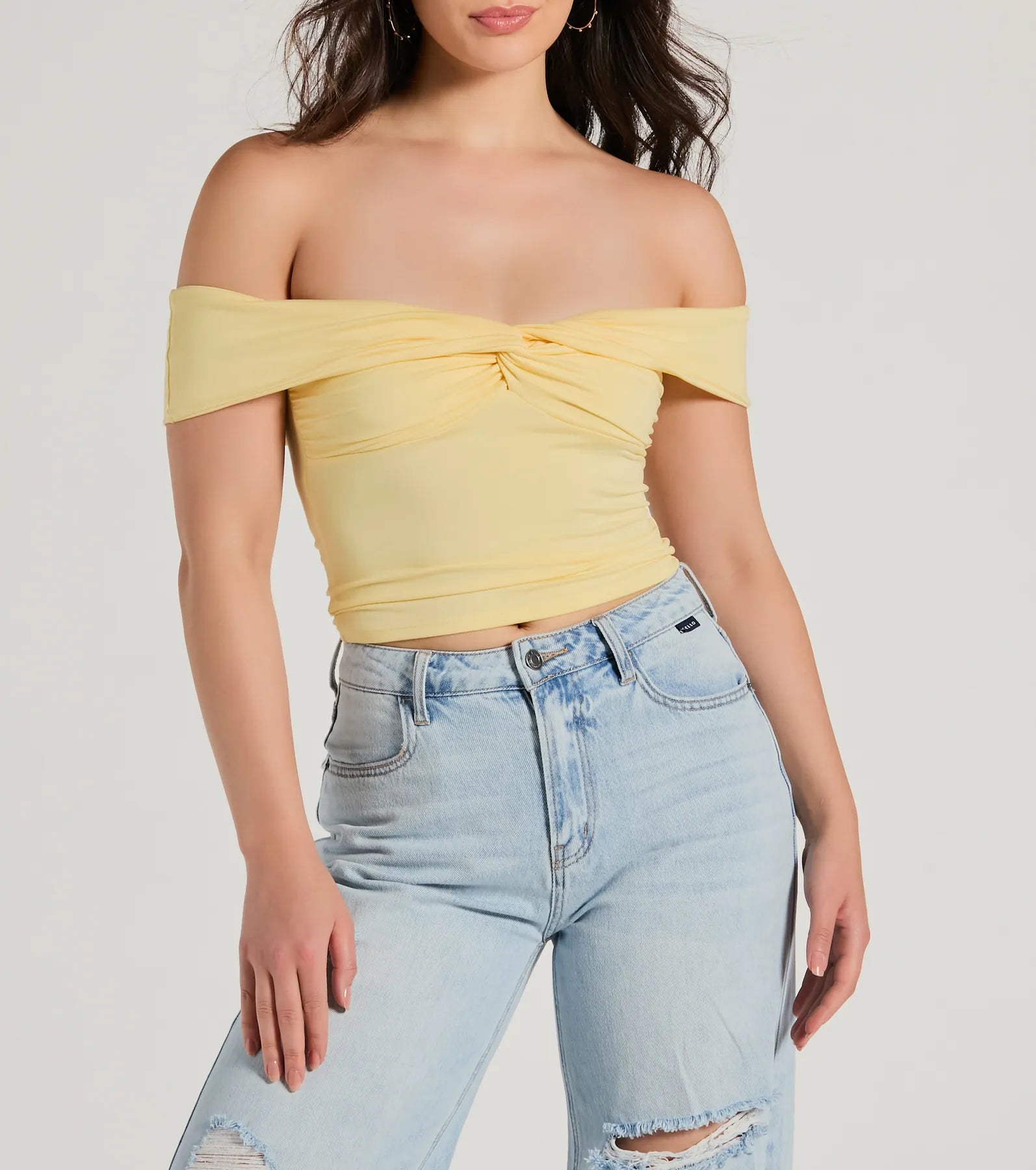 Ultimate Trendy Twist-Front Off-The-Shoulder Crop Top