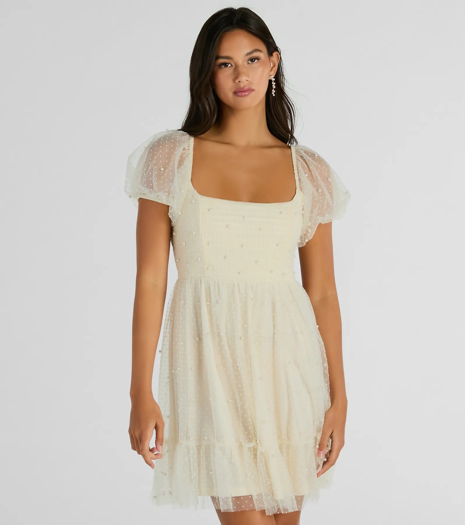 Ultimate Glamour Puff Sleeve Faux Pearl Babydoll Dress