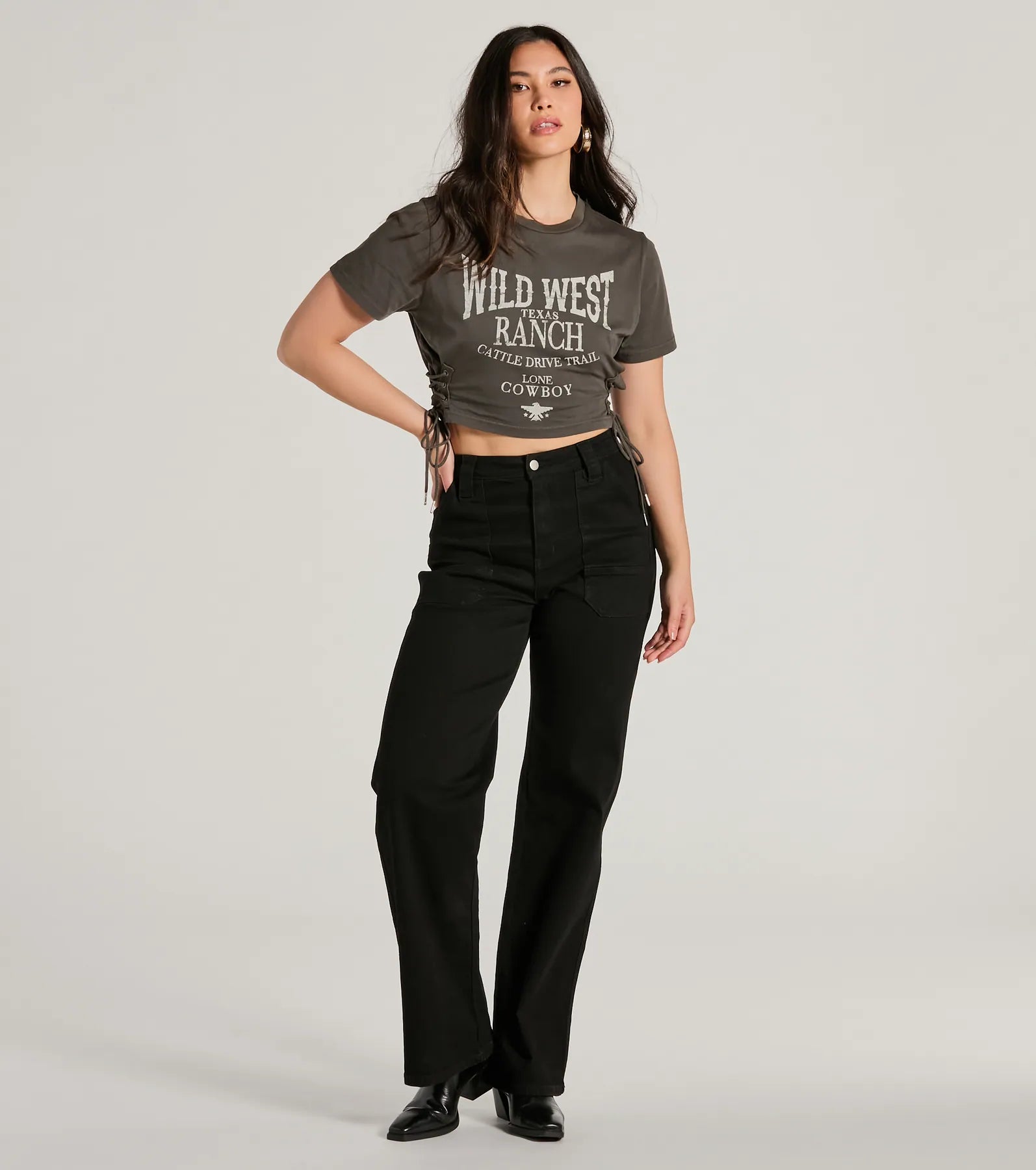 Premium Wild West Lace-Up Crop Graphic Tee - Ultimate Style Upgrade