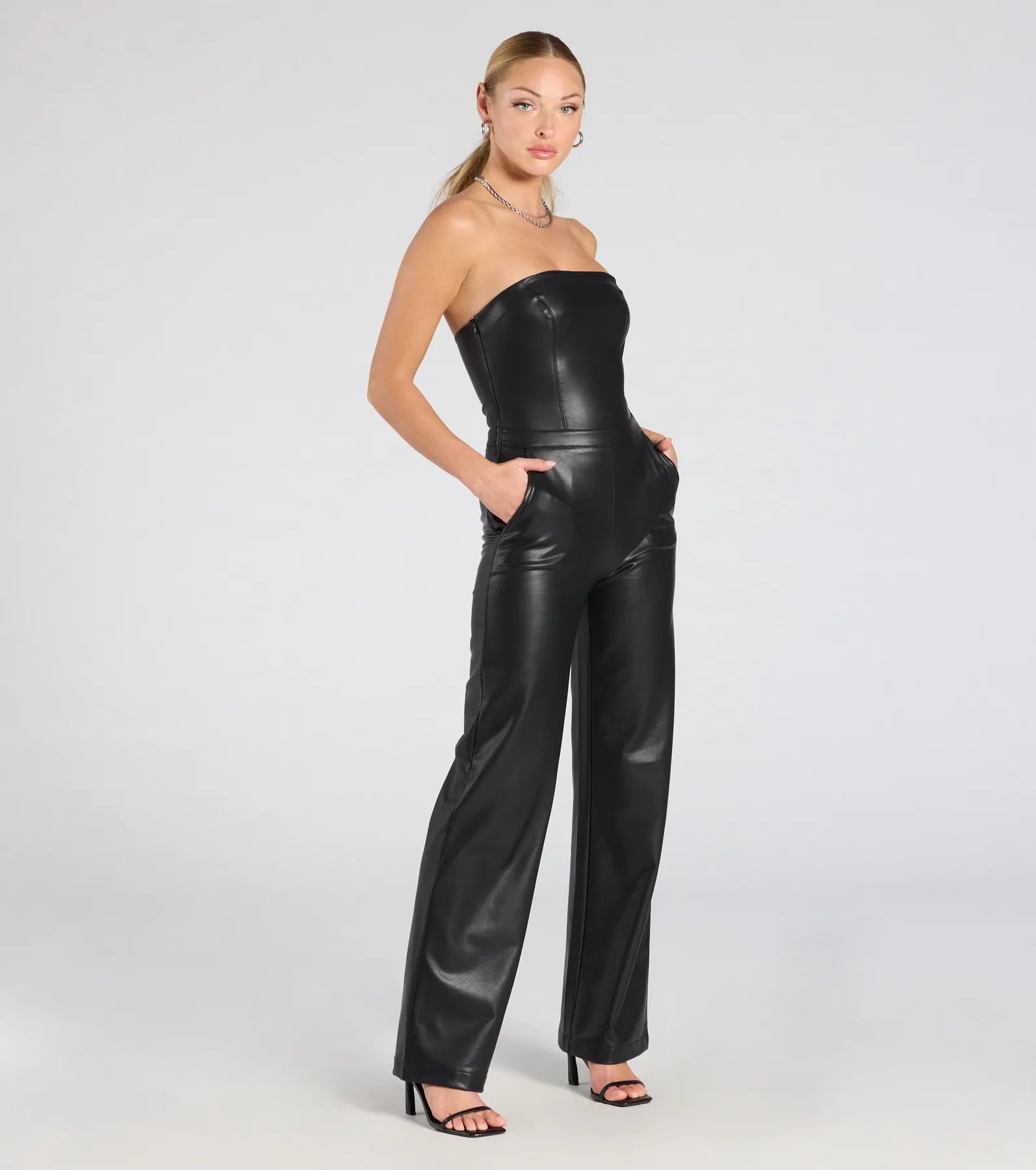 Ultimate Faux Leather Strapless Wide-Leg Jumpsuit