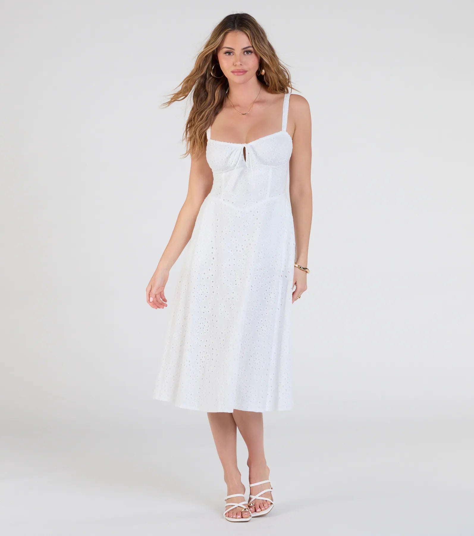 Premium Sunny Staple Square Neck Eyelet Midi Dress with Pockets - Ultimate Summer Wardrobe Essential