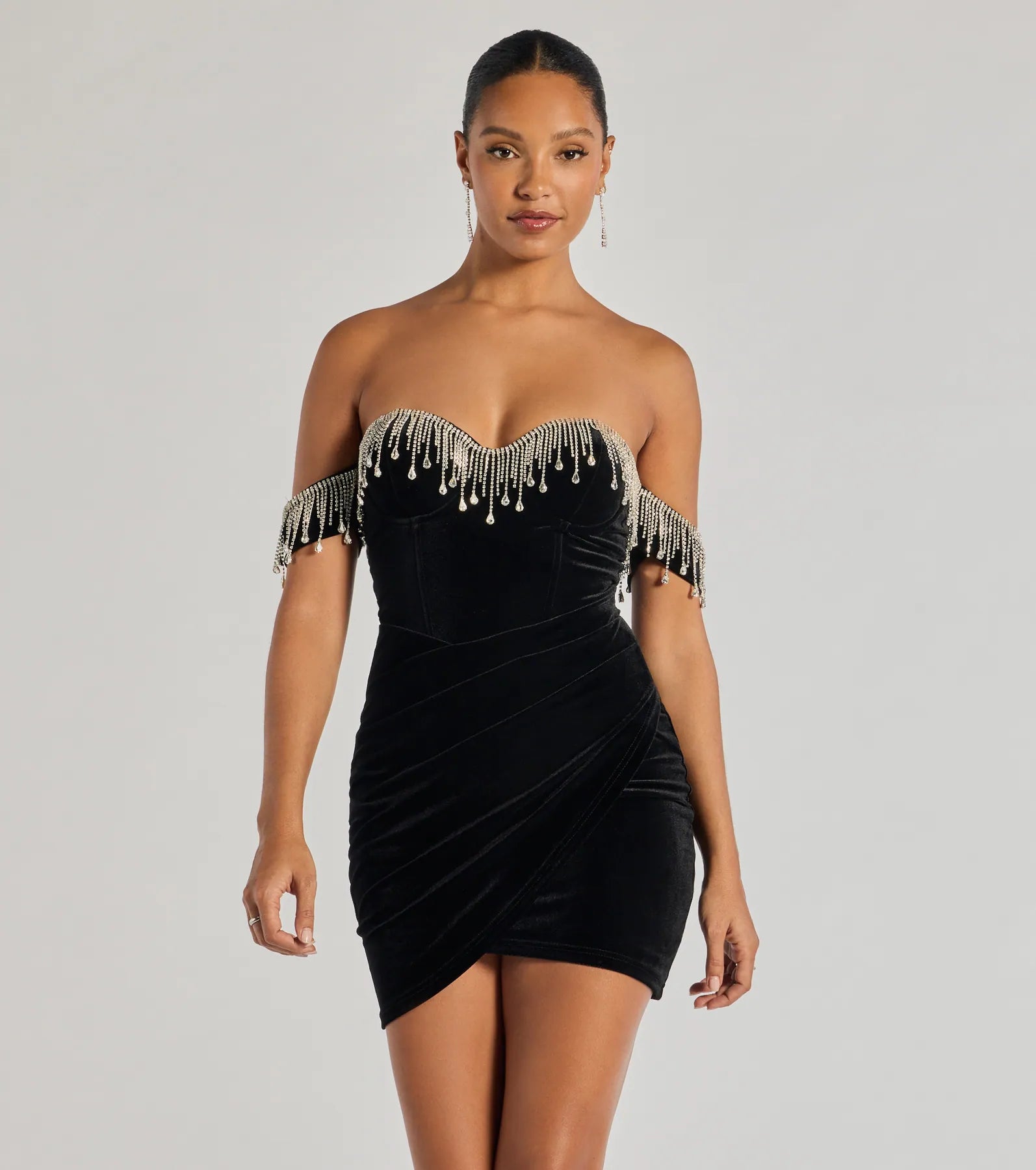 Premium Janie Velvet Rhinestone Fringe Dress - Ultimate Party Style