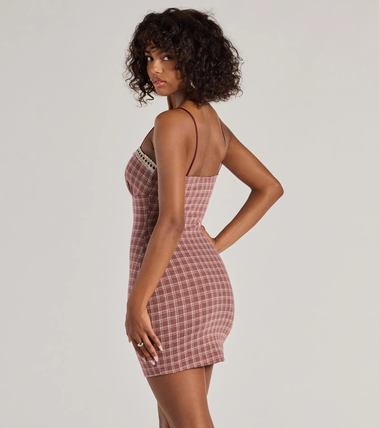 Ultimate Flirty Lace-Trim Plaid Mini Dress