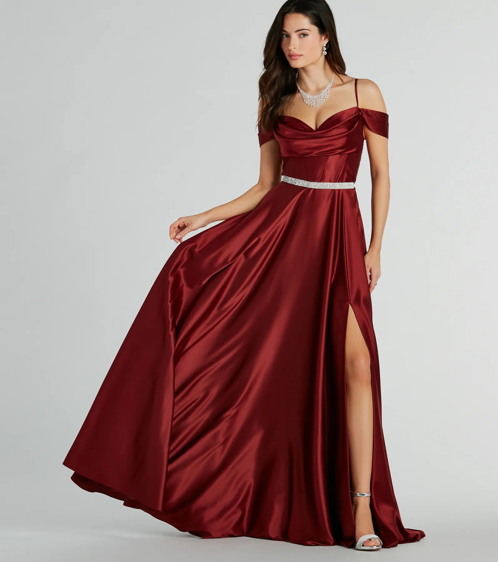 Premium Alira Satin Cold Shoulder A-Line Gown