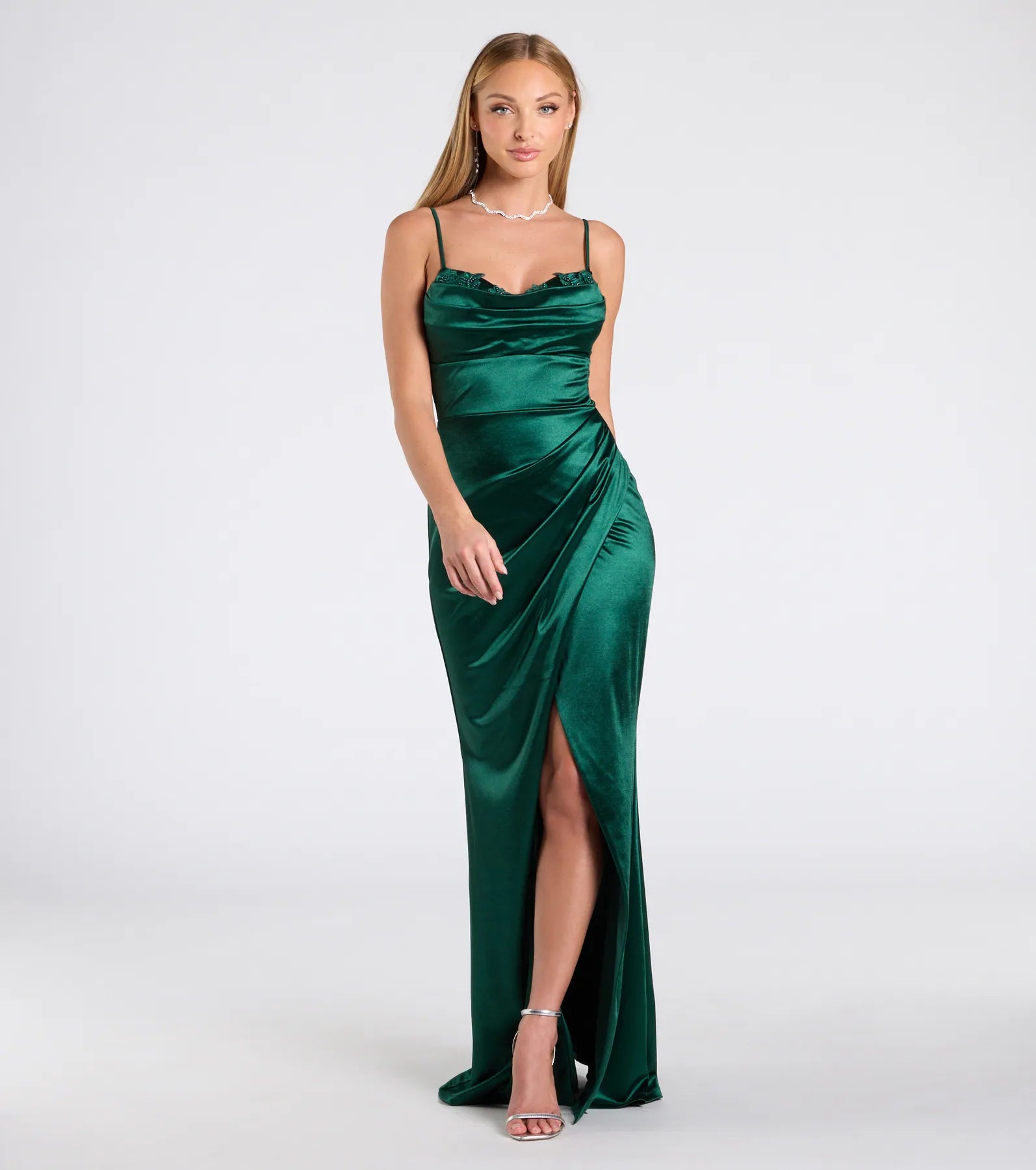 Premium Michelle Satin Formal Dress with Embroidered Applique