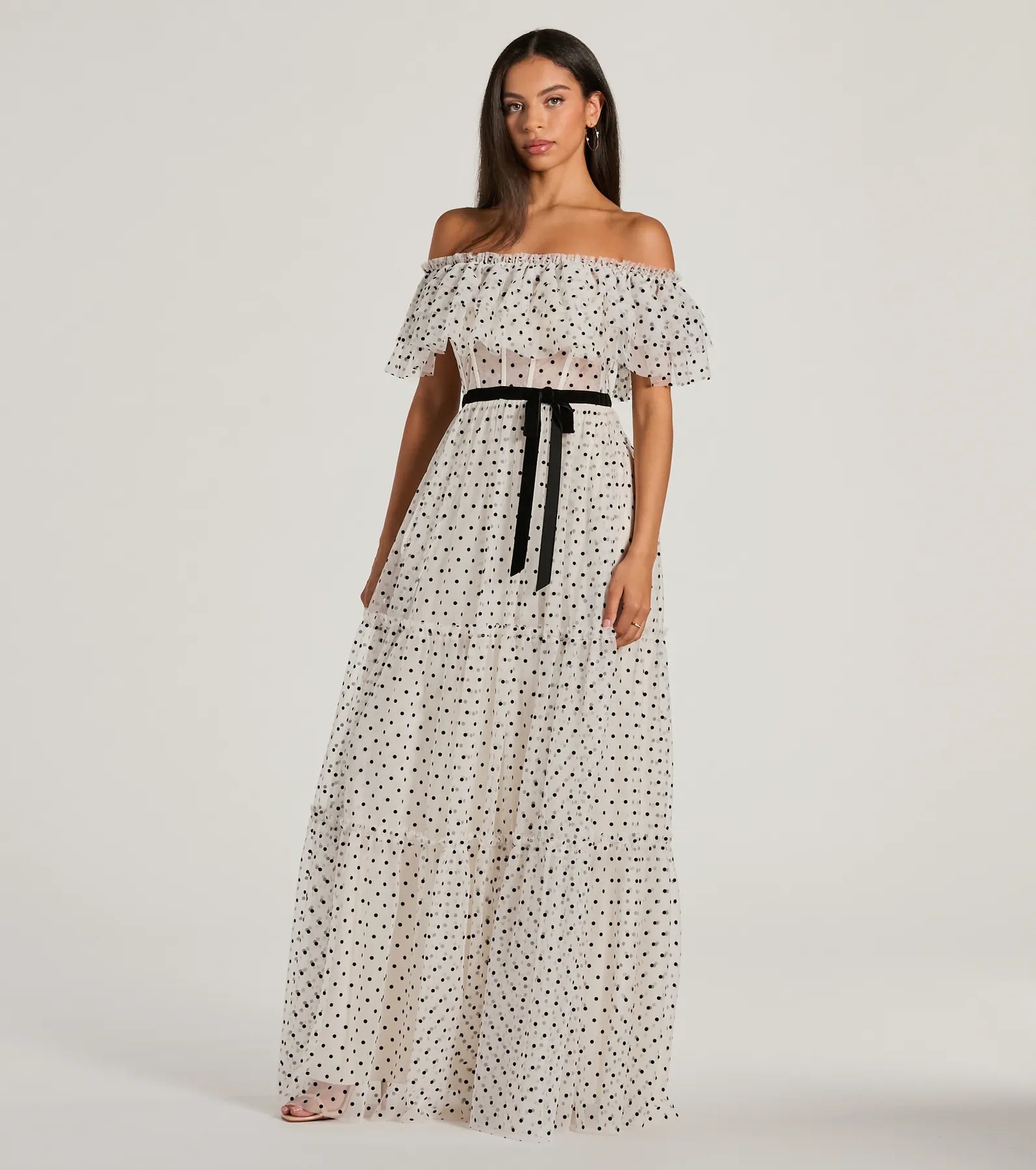 Premium Aria Ruffled Off-The-Shoulder Polka Dot Mesh Formal Dress – Ultimate Elegance