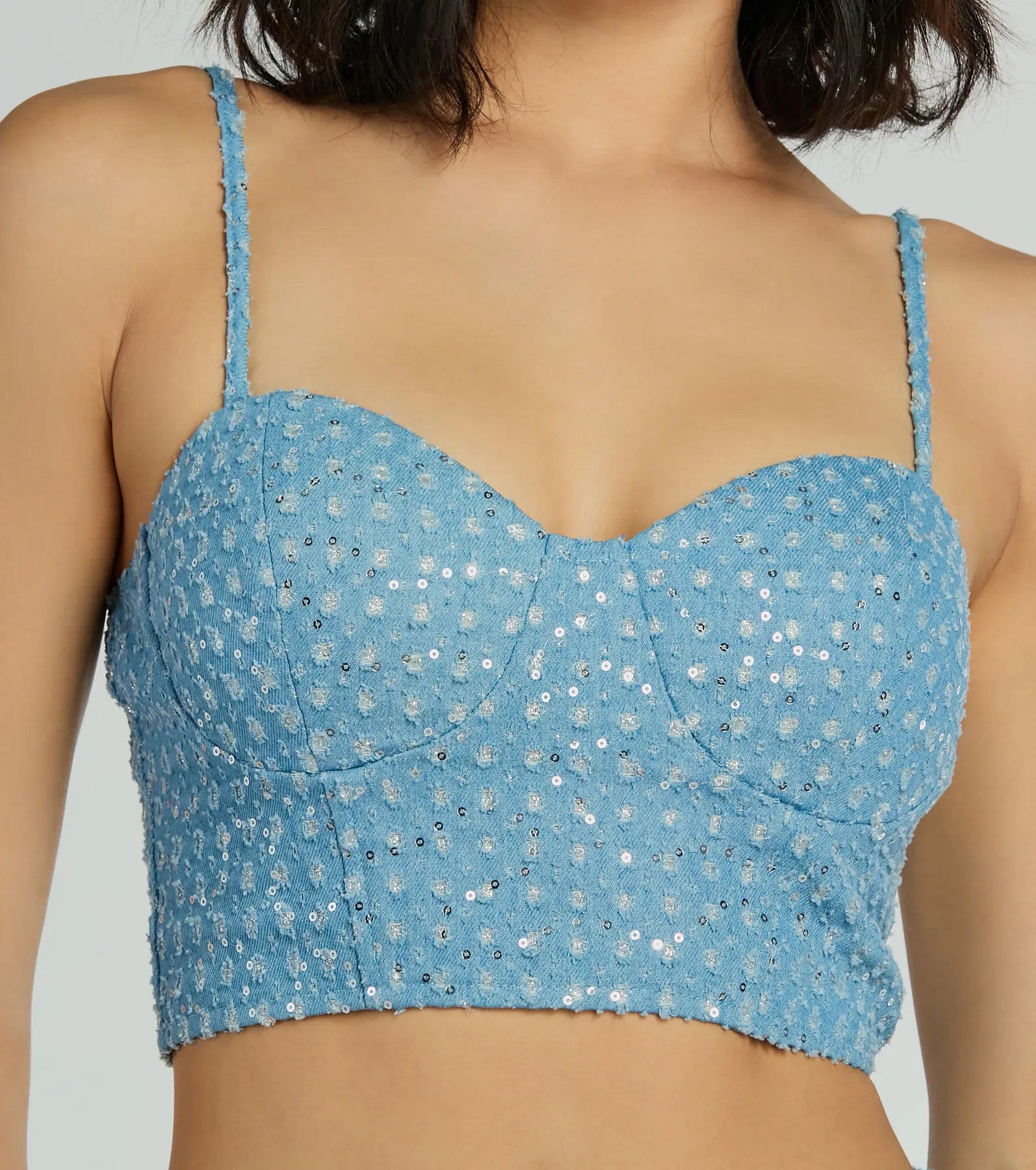 Ultimate Glam Sequin Denim Bustier Top