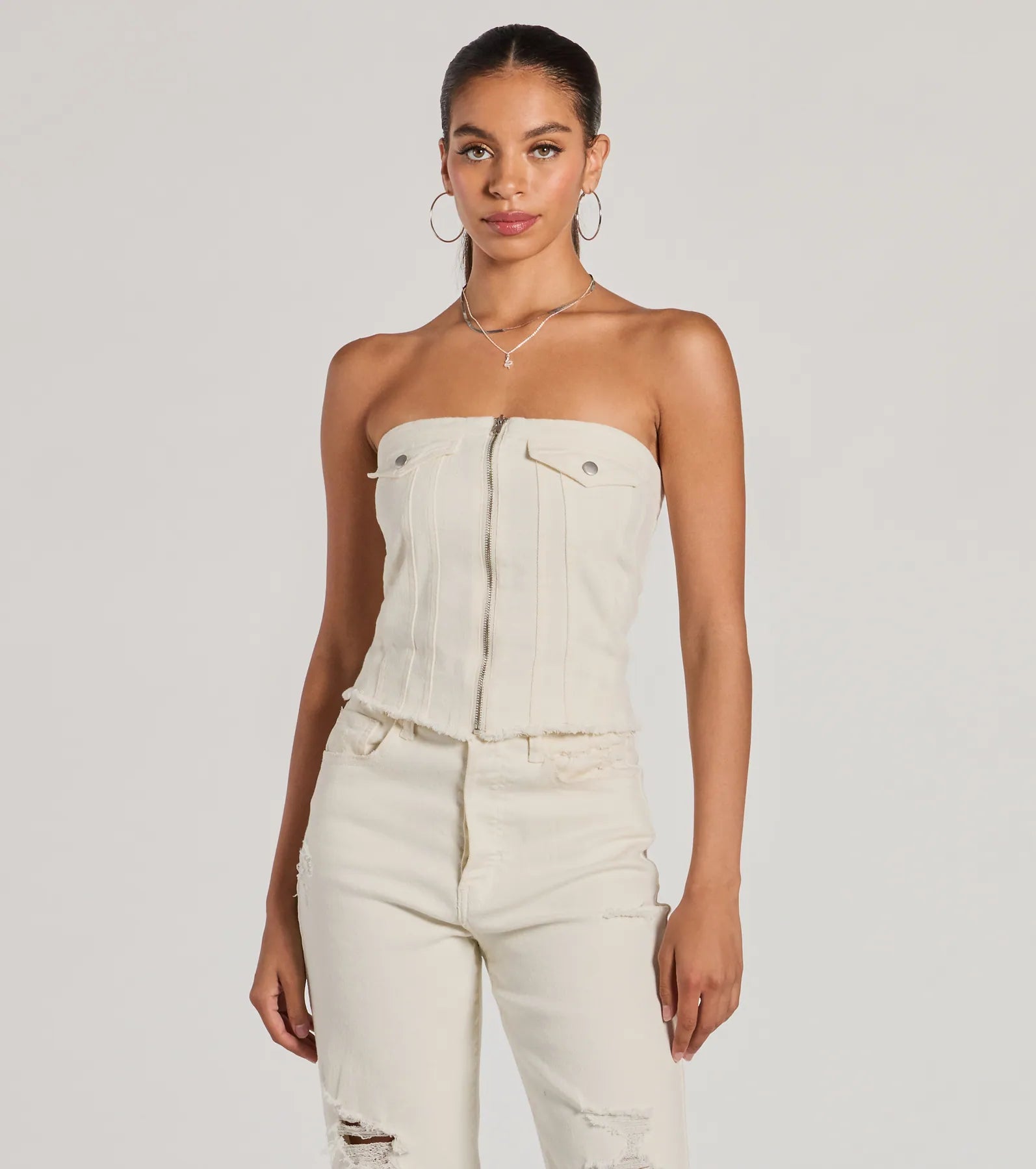 Ultimate Strapless Zip-Front Denim Crop Top – Style & Comfort Redefined