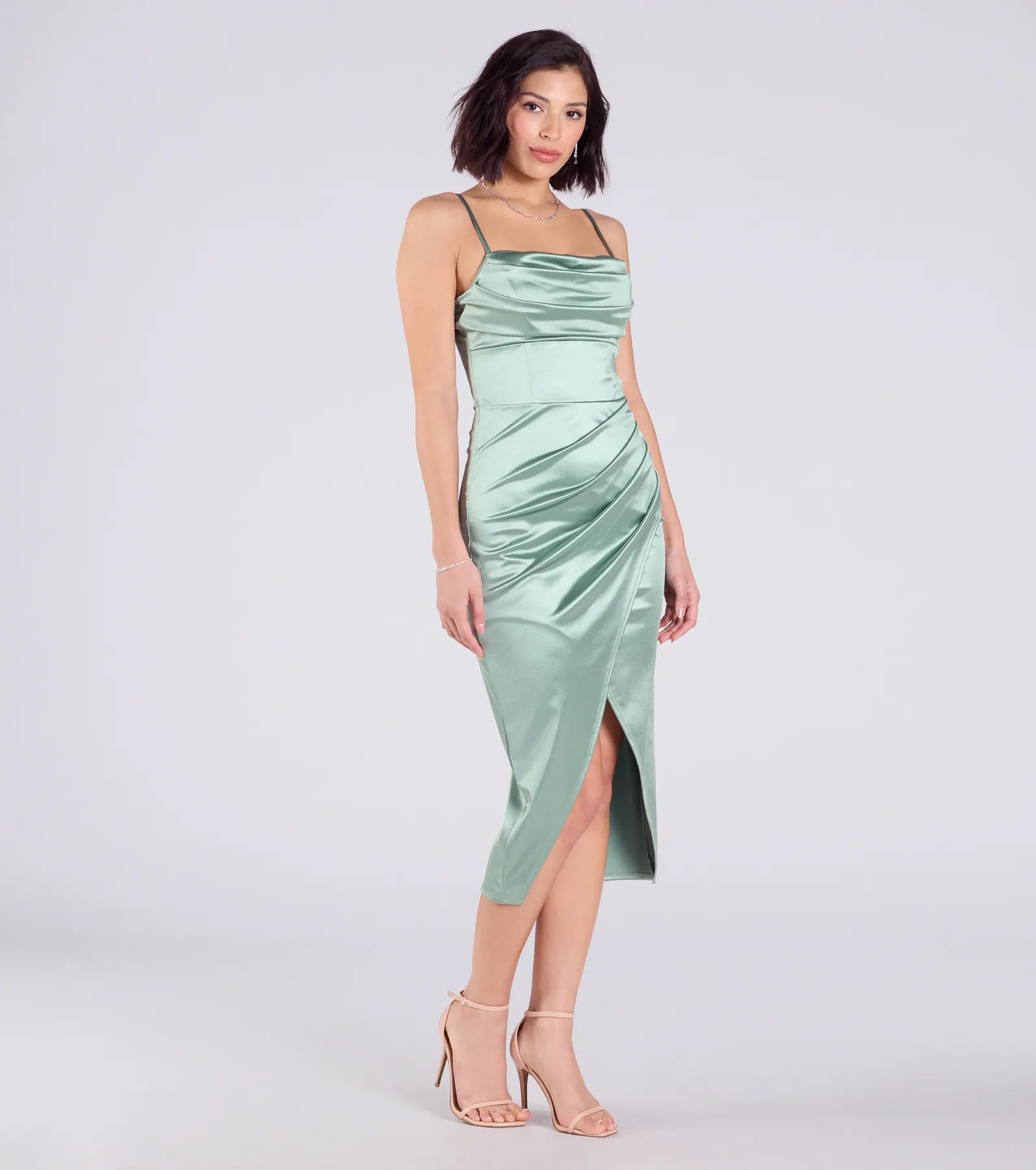 Premium Kiley Satin Midi Dress with Cowl Neck & Wrap Silhouette