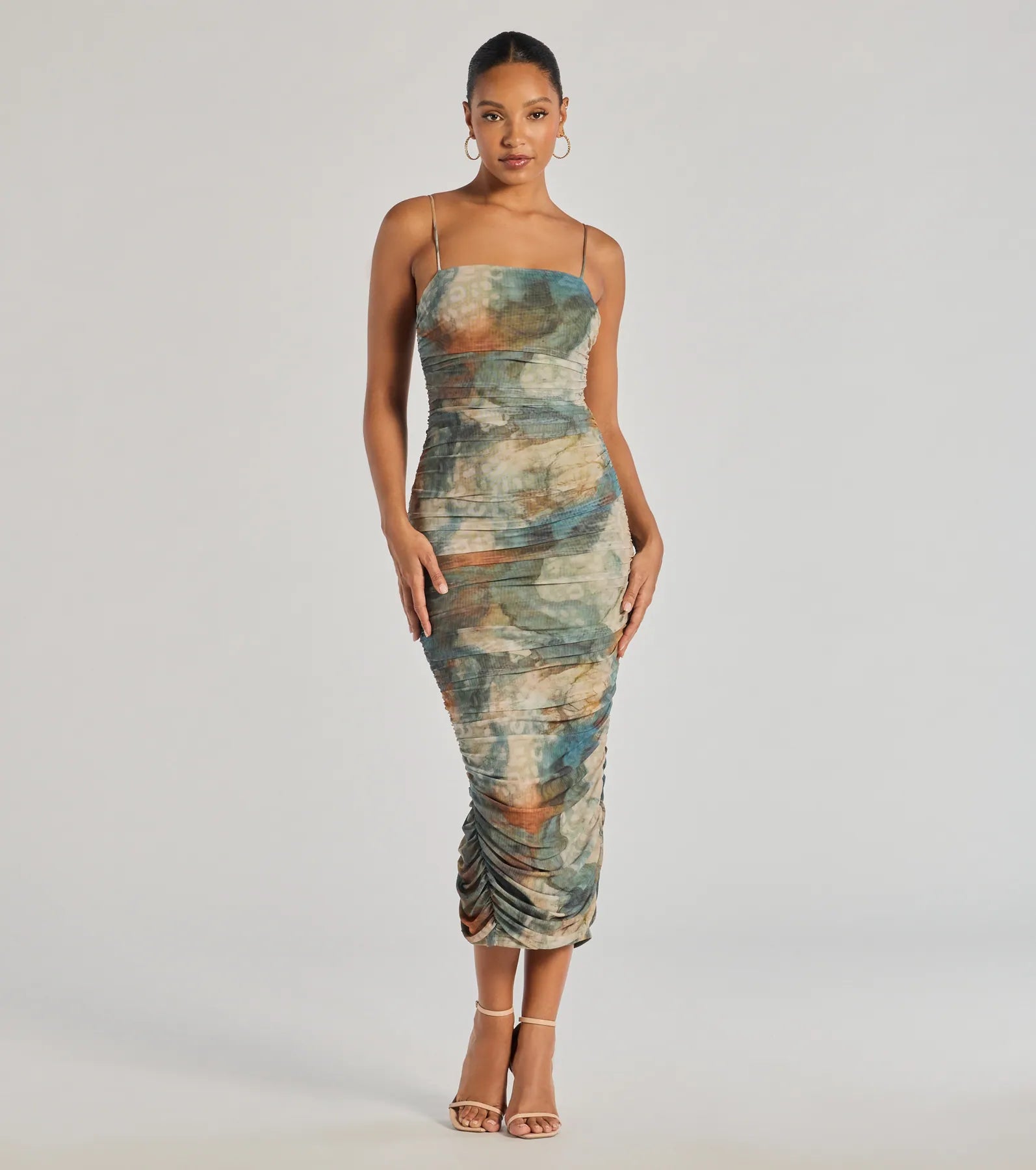 Premium Muse Dream Abstract Print Ruched Midi Dress - Ultimate Style Upgrade