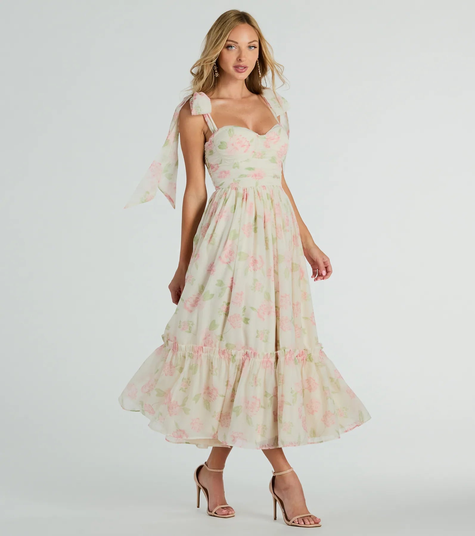 Premium Gretchen Sweetheart Tie Floral Chiffon Midi Dress - Ultimate Elegance