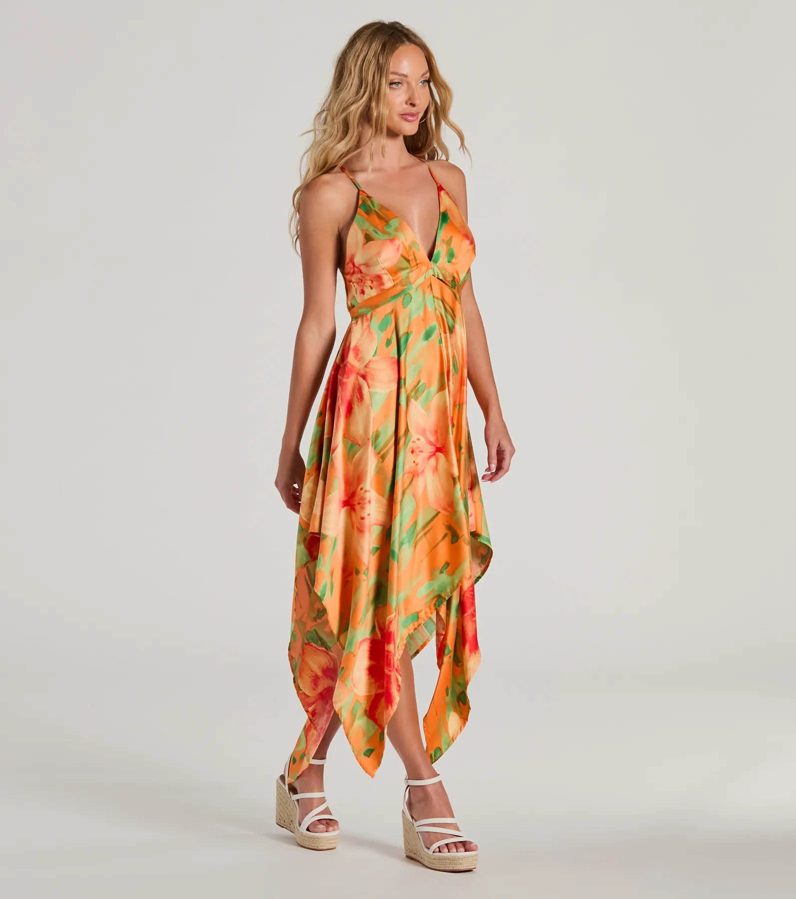 Ultimate Paradise Tropical Floral Satin Midi Dress