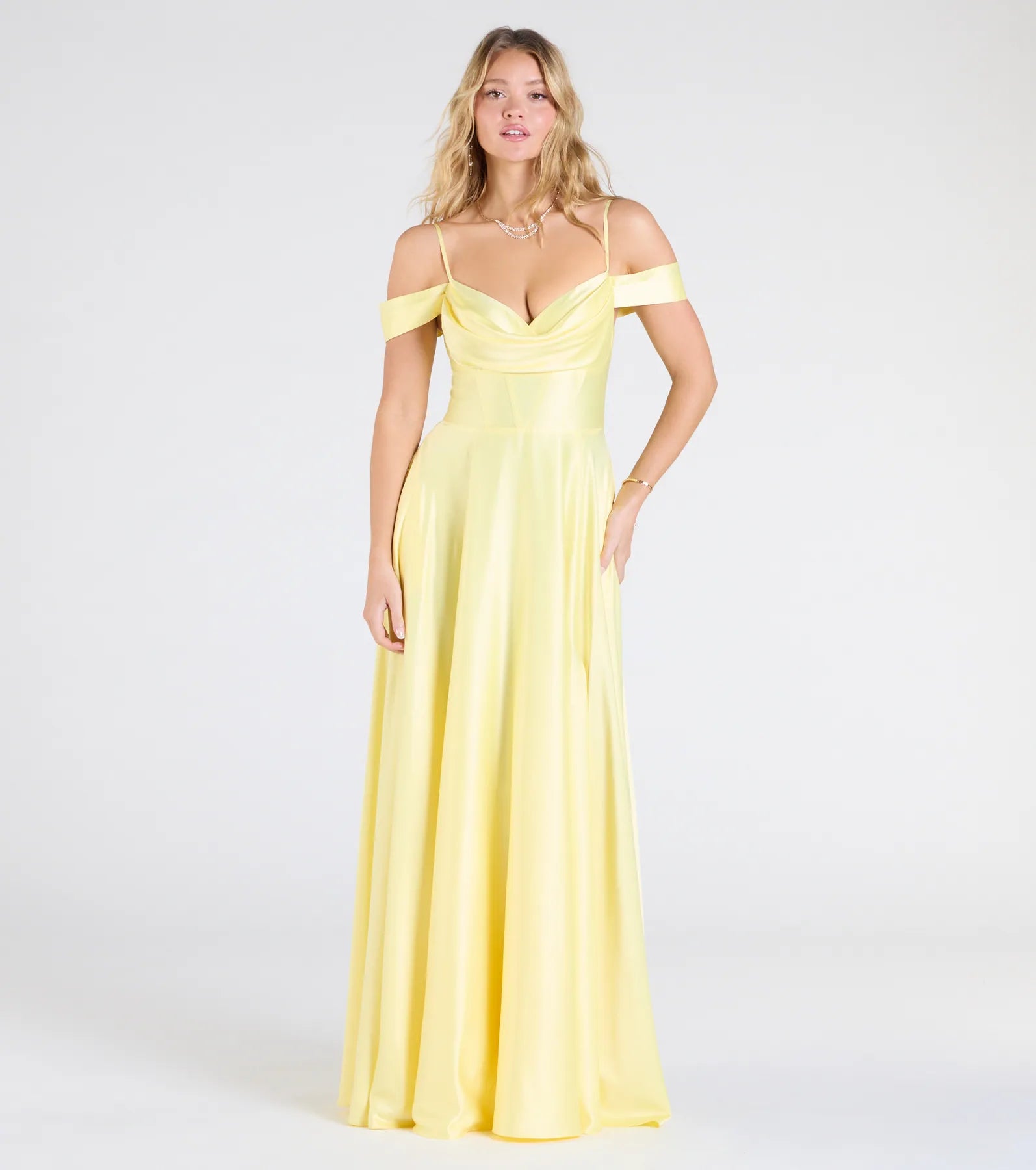 Premium Alira Satin Cold Shoulder A-Line Gown