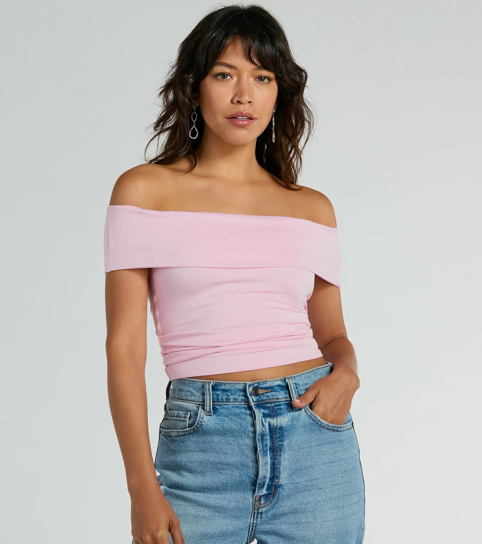 Ultimate Spotted In Town Off-The-Shoulder Crop Top