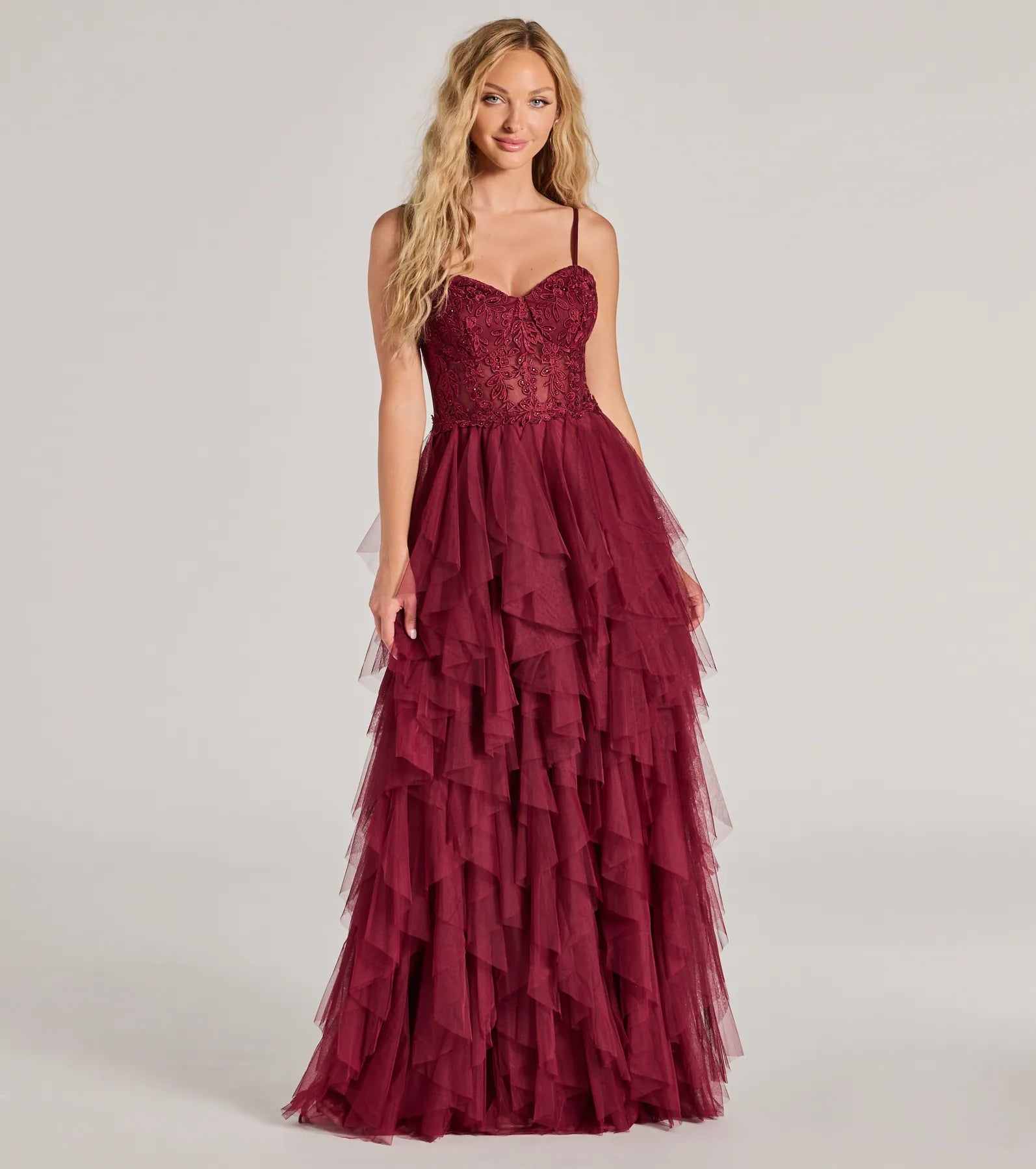 Keyla Premium Floral Applique Tiered Ruffle Tulle Gown - Ultimate Elegance