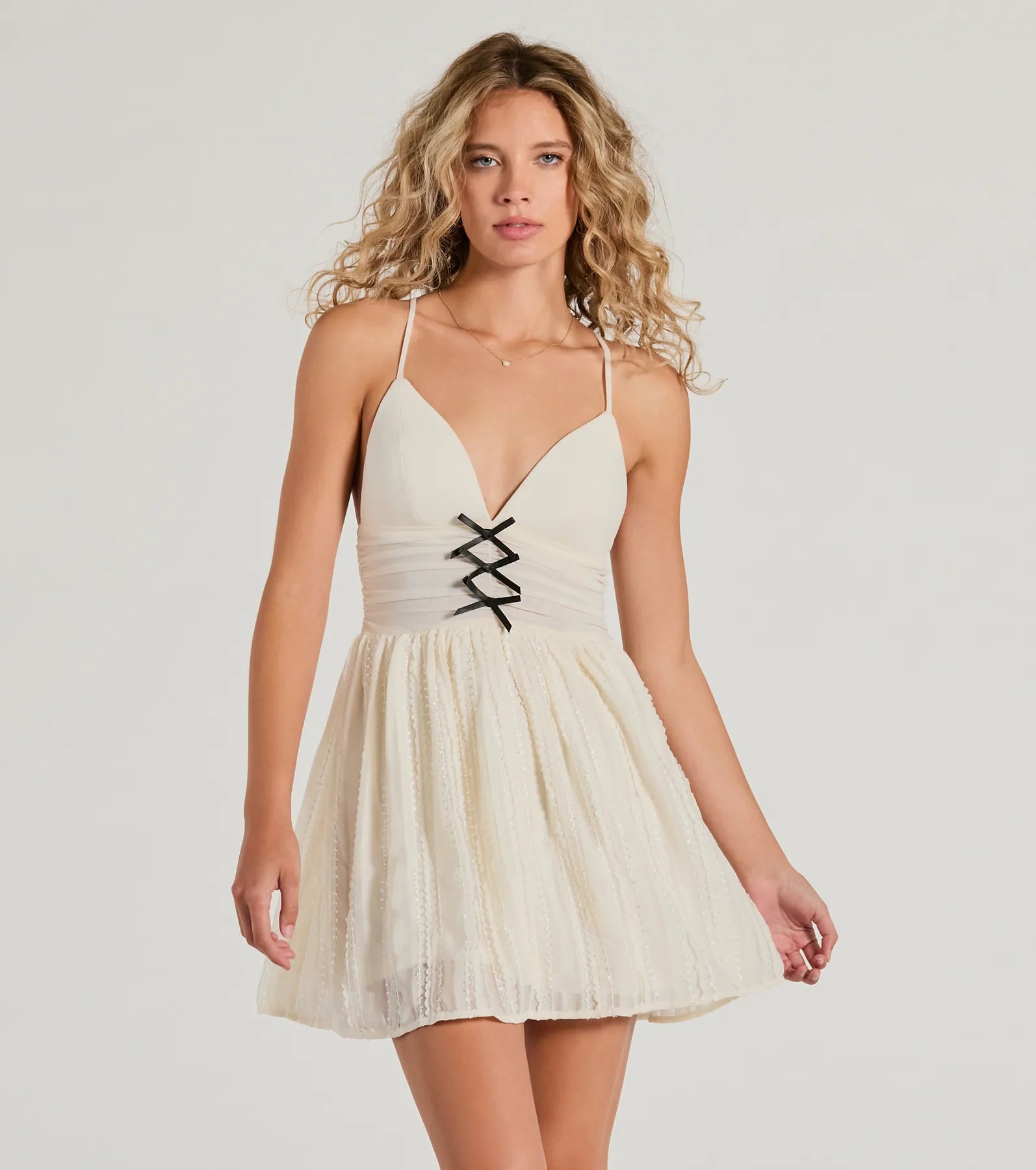 Premium Lace V-Neck Bow Skater Dress - Ultimate Elegance