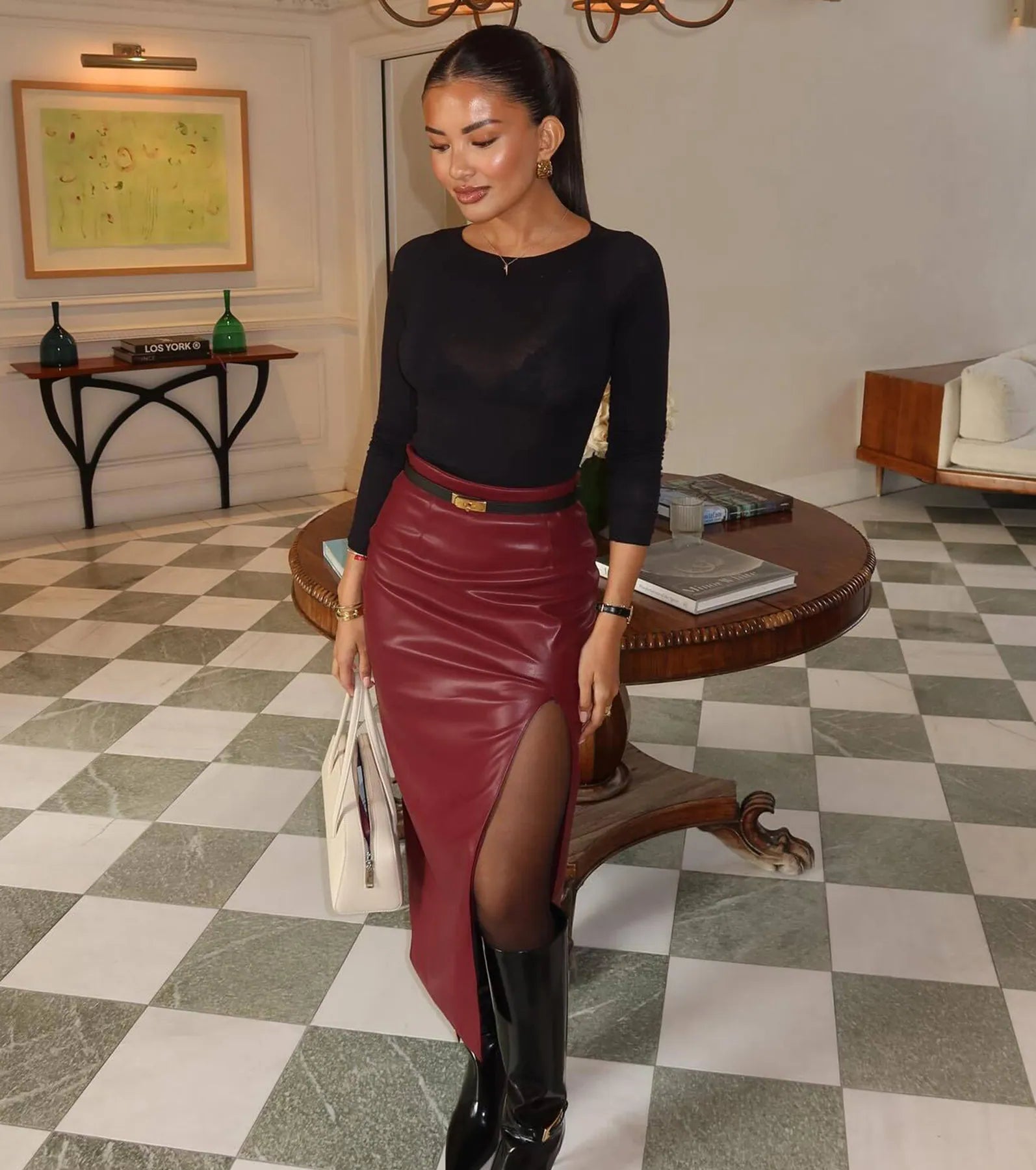 Premium Chic Moment High-Slit Faux Leather Midi Skirt