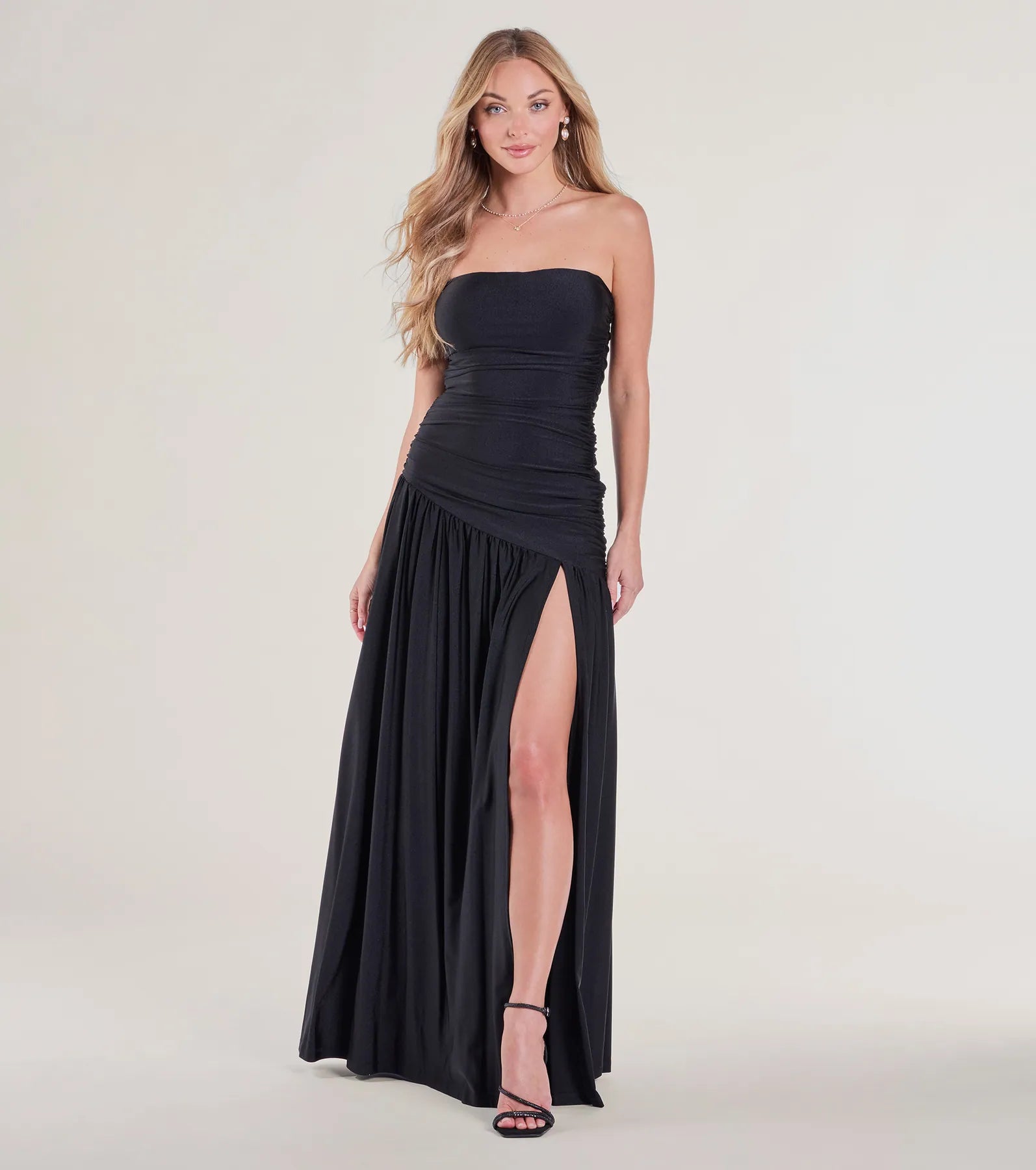 Premium Lindsey Strapless A-Line Formal Dress with High Slit