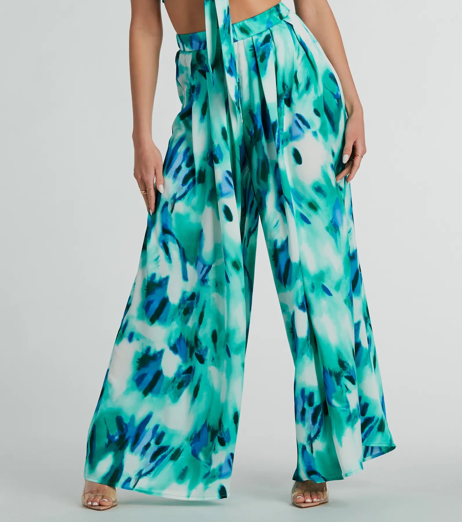 Premium Forever Muse Abstract Satin Wide-Leg Pants