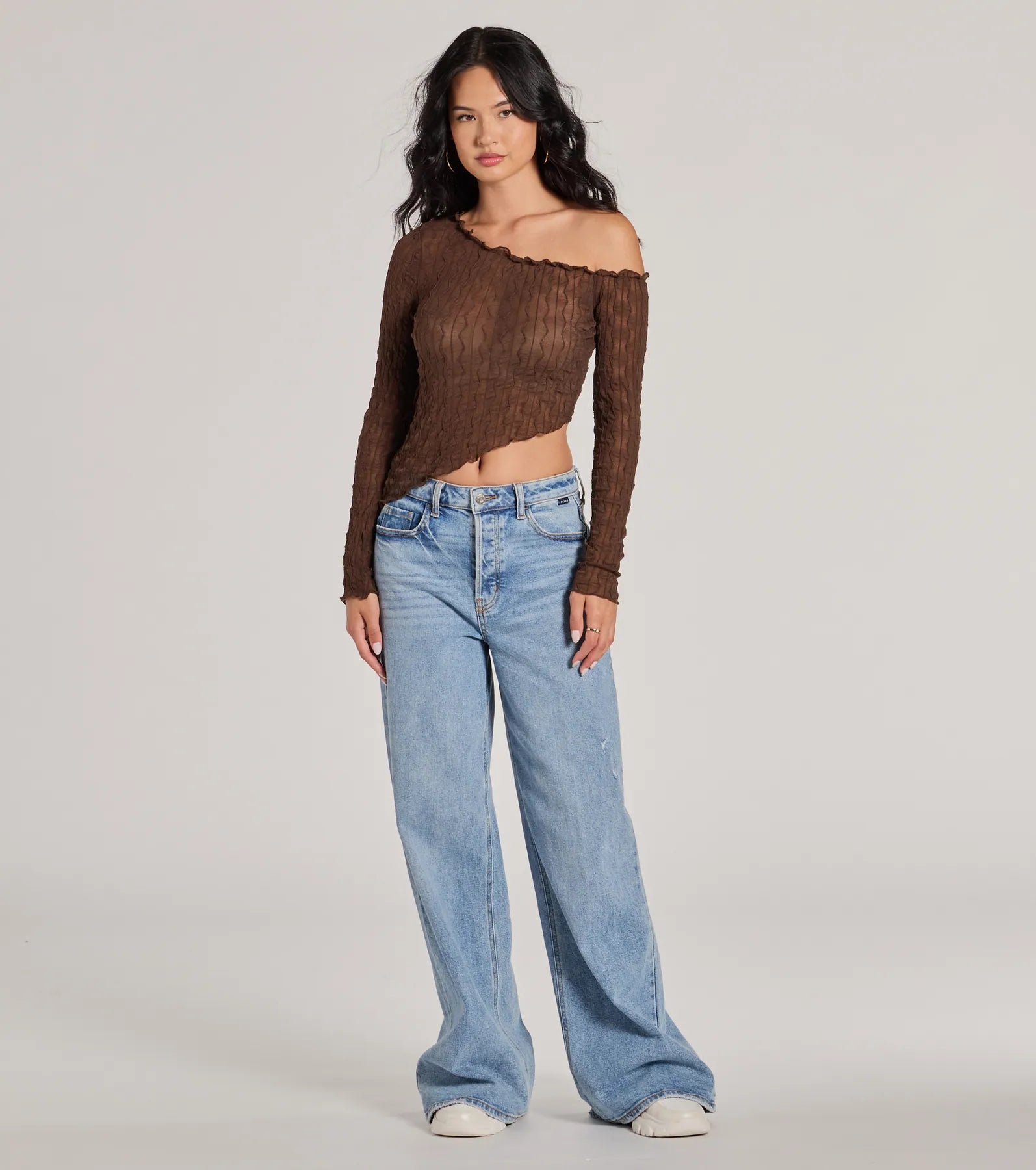 Ultimate Trend Allure Sheer Crop Top - Asymmetrical Long Sleeve