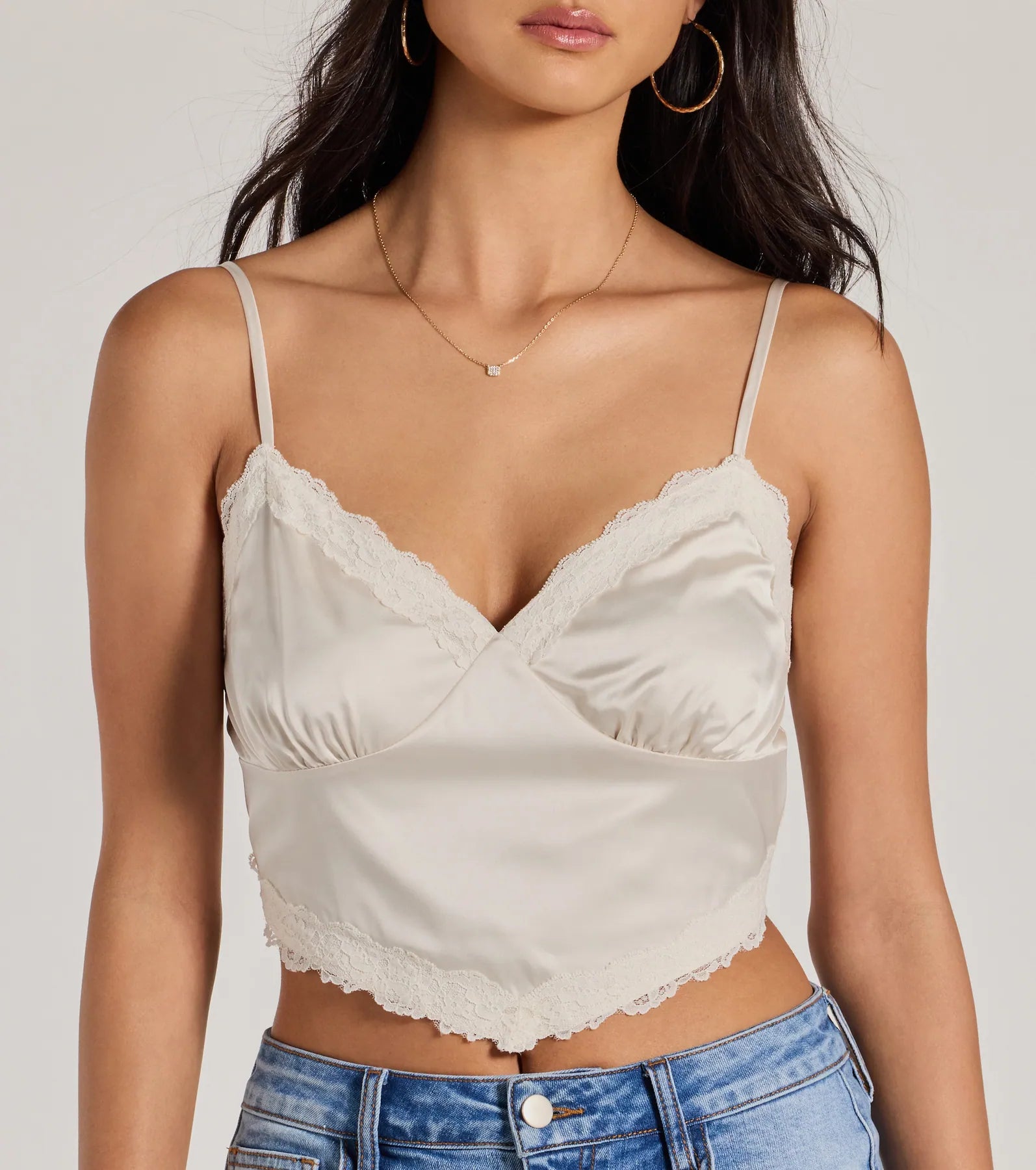 Premium Romance Lace Trim Satin Cami Crop Top