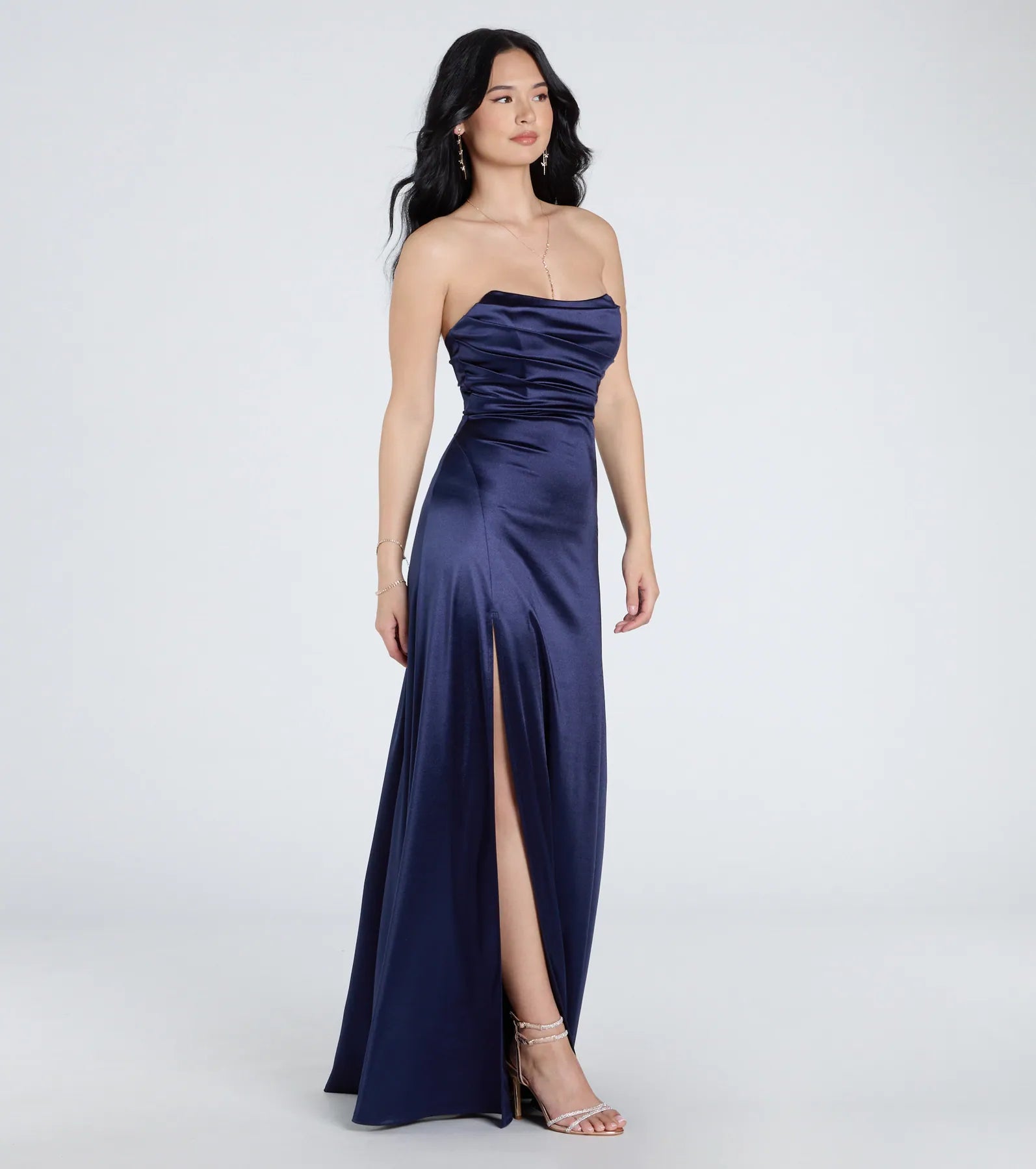 Ultimate Alison Strapless Satin A-Line Formal Dress with High Slit