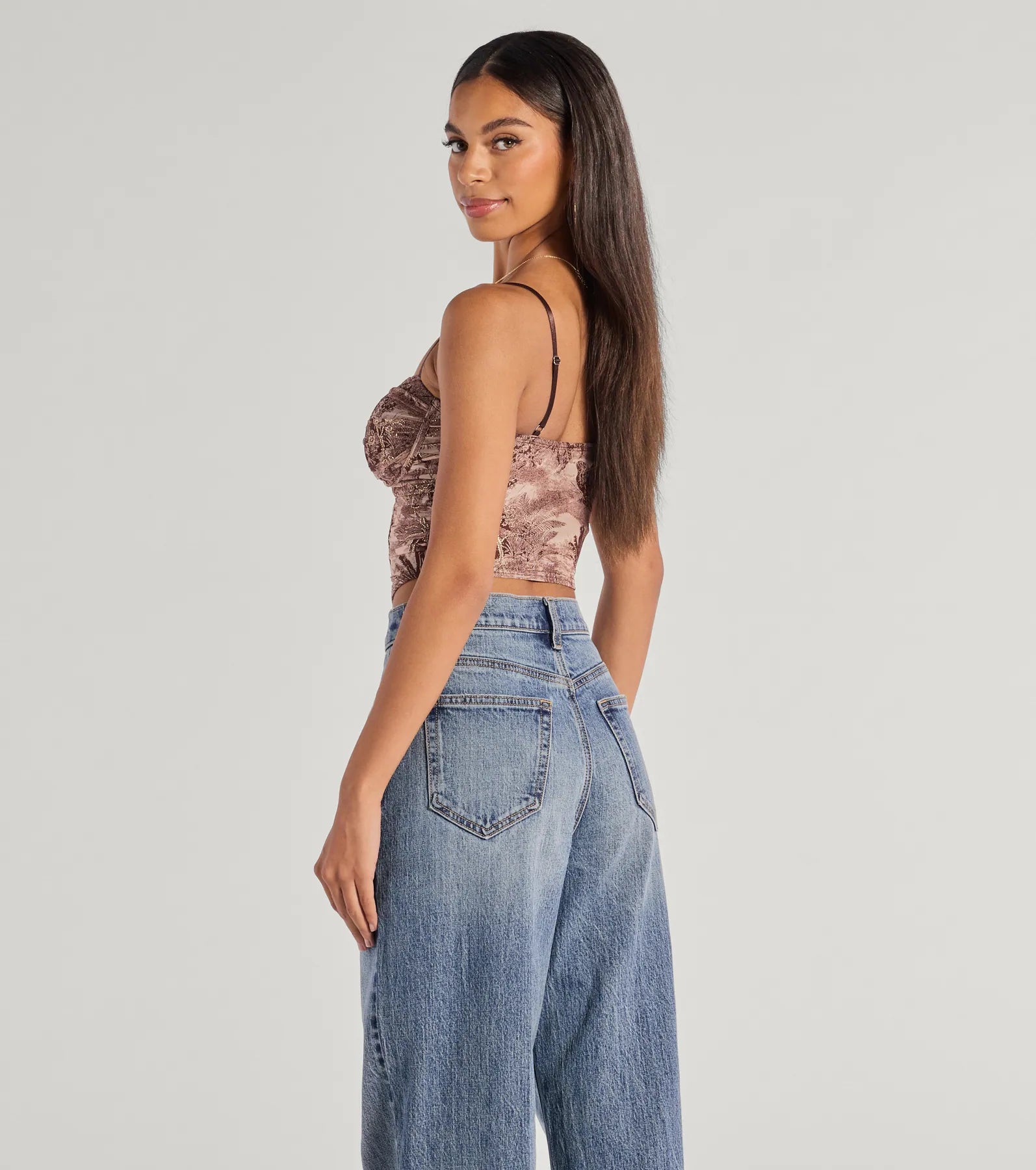 Premium Scenic Print Mesh Bustier Top - Stunning Nature-Inspired Design