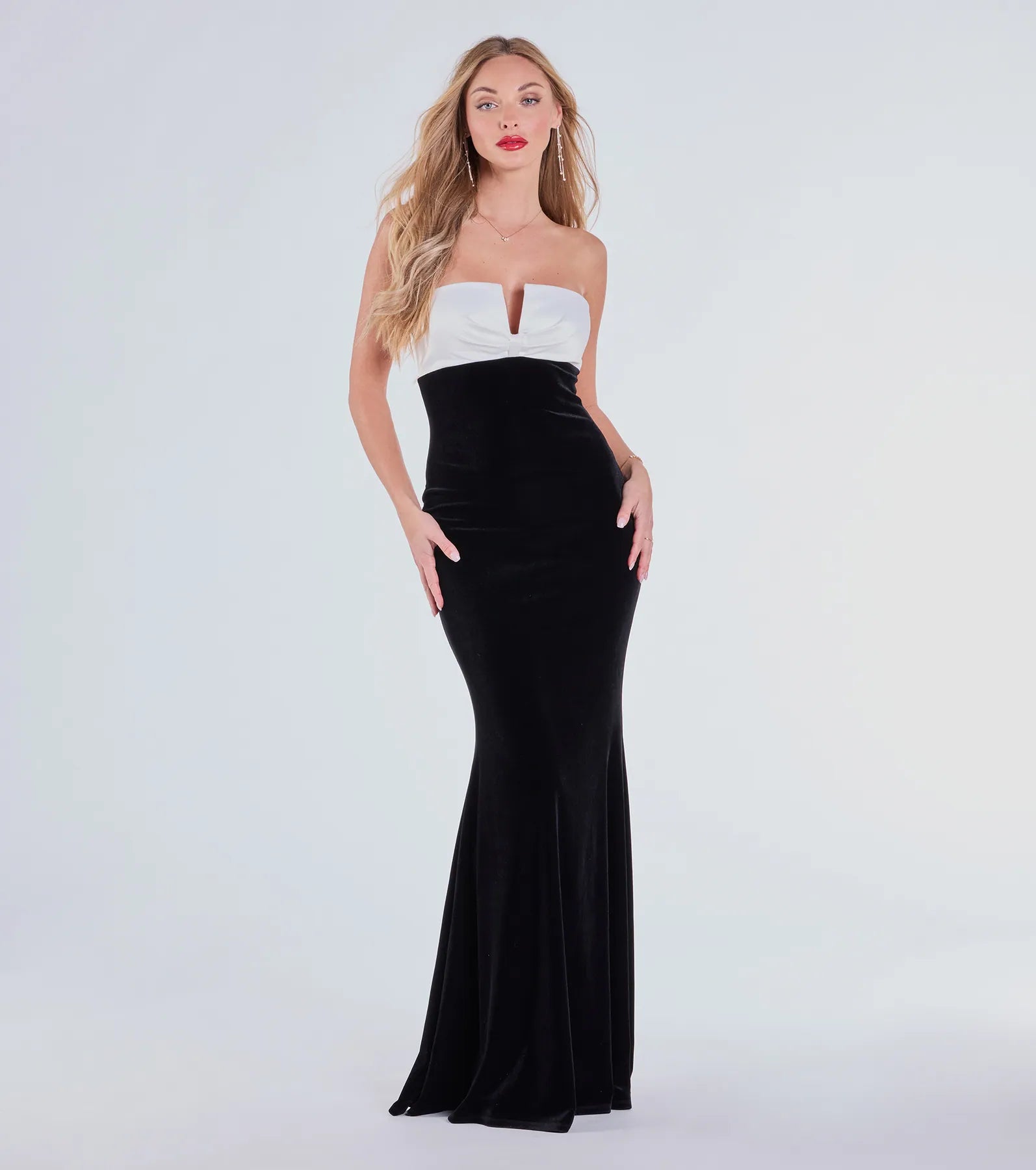 Ultimate Marnie Strapless Velvet Formal Dress with Satin Bow