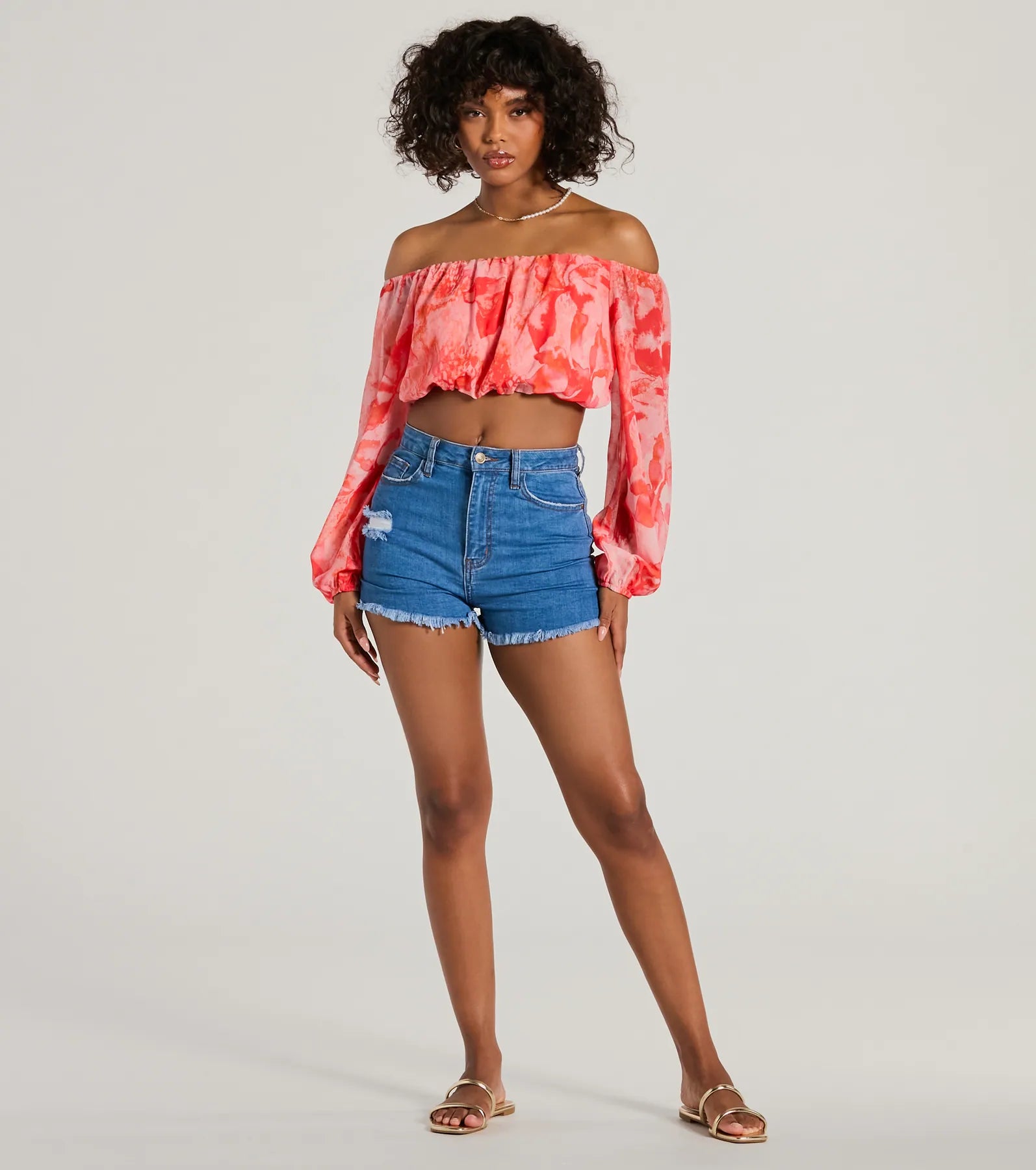 Premium Sunset Beauty Off-The-Shoulder Marble Chiffon Crop Top