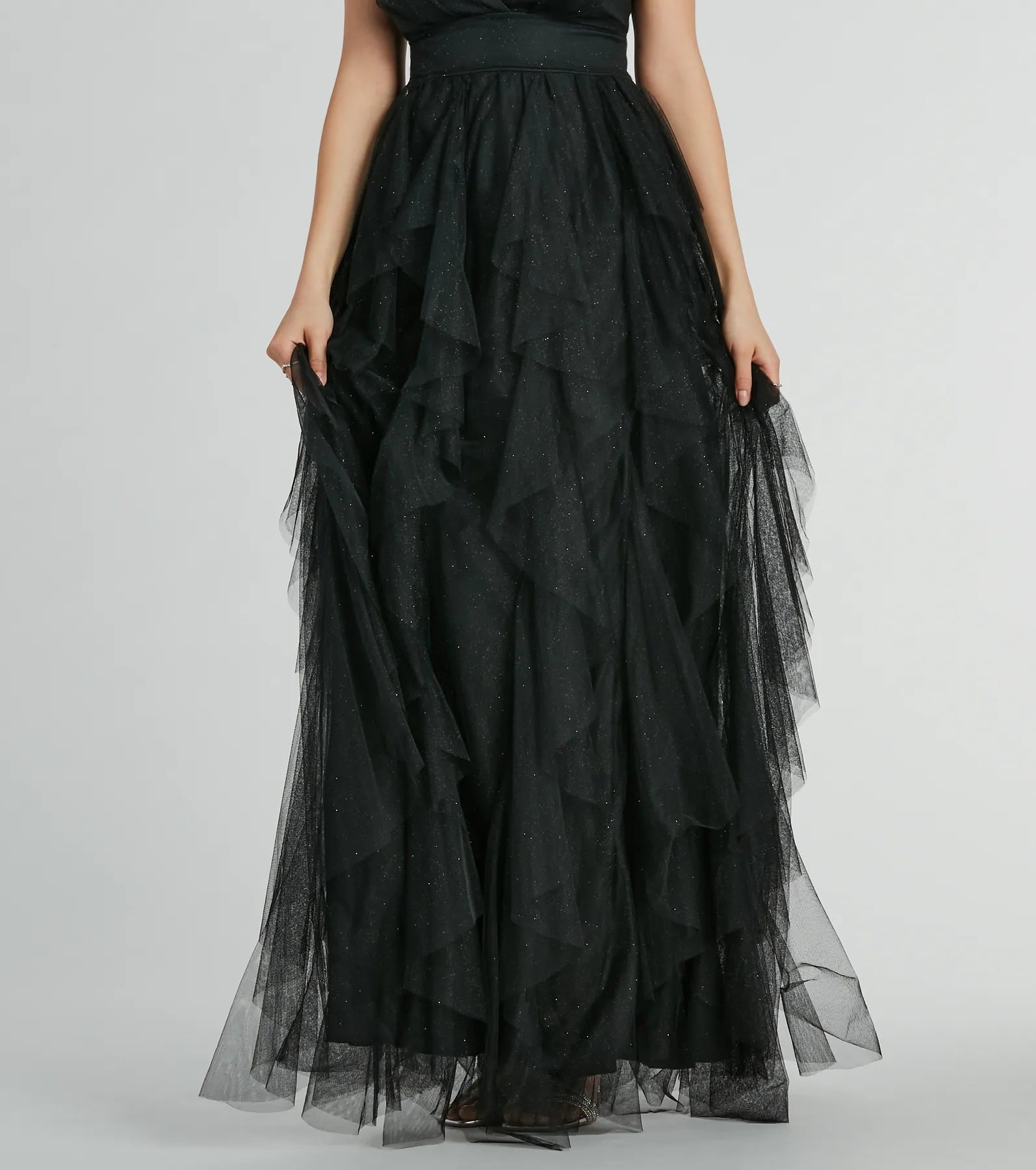 Ultimate Glamour: Wynonna V-Neck A-Line Ruffle Glitter Formal Dress